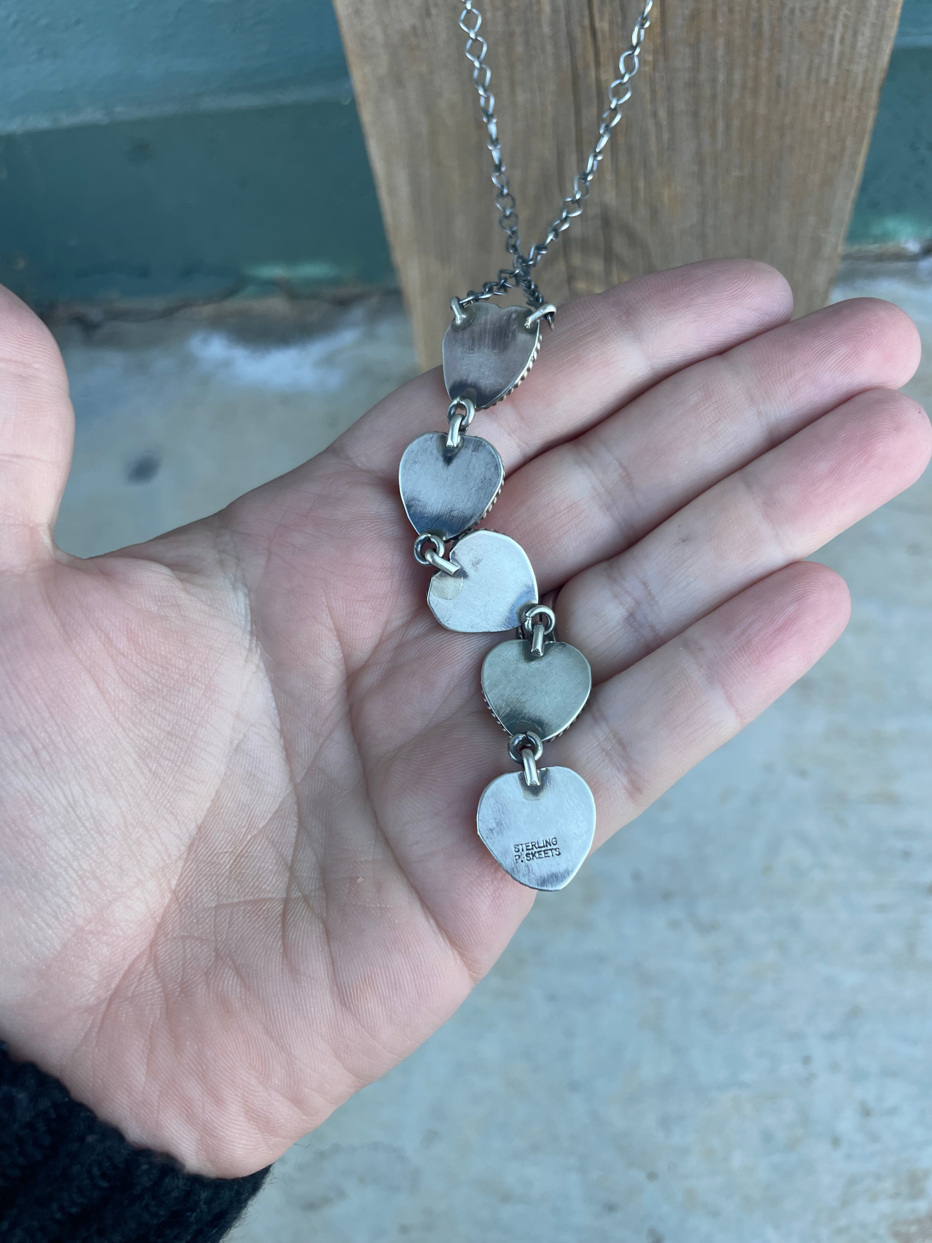 Handcrafted Queen Pink Conch Shell And Sterling Silver Drop 5 Heart Necklace by Peggy Skeets