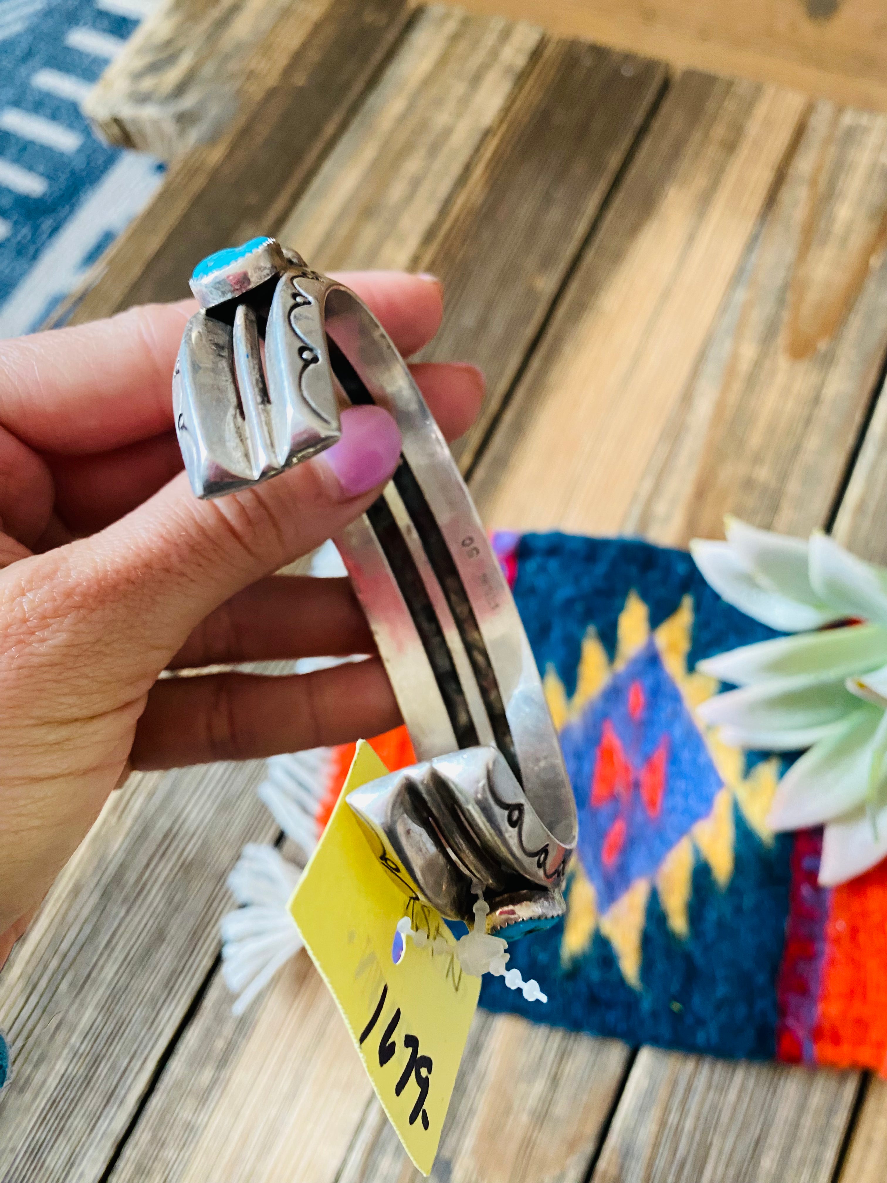 Navajo Old Pawn Vintage Kingman Turquoise & Sterling Silver Cuff Bracelet /