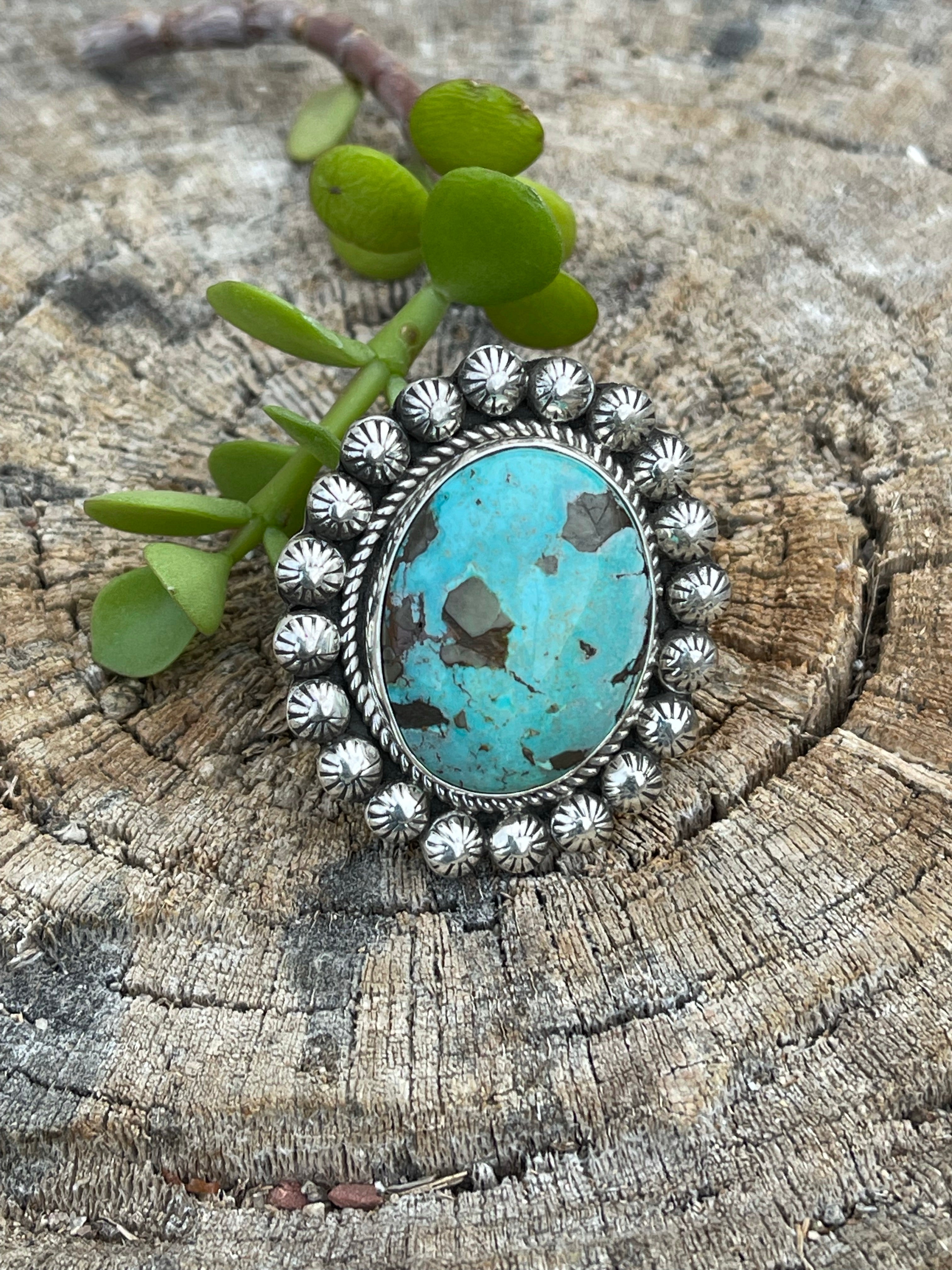 Handcrafted Sterling Silver Turquoise Oval Ring Sz 8