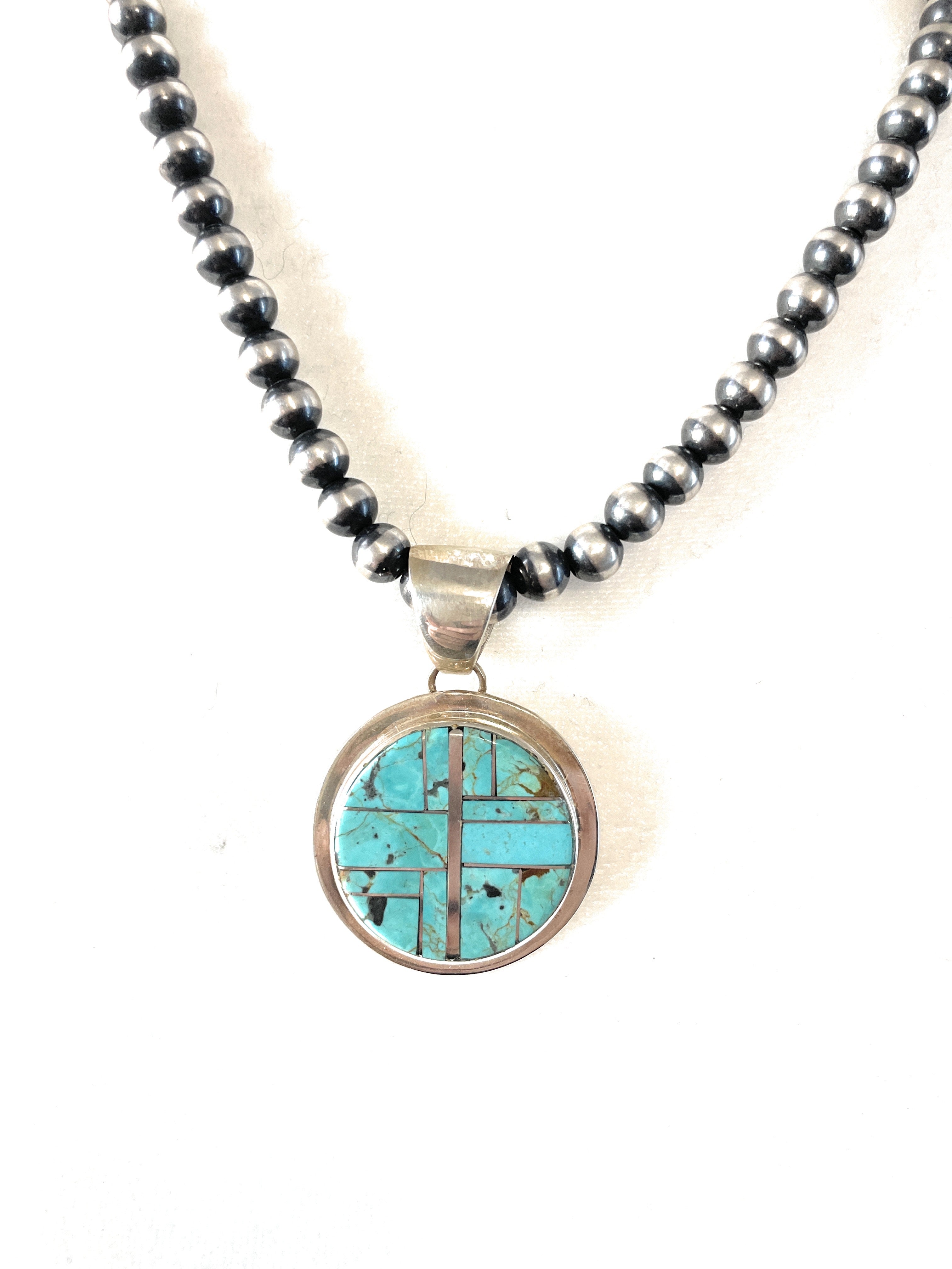Handcrafted Number 8 Turquoise Inlay & Sterling Silver Circle Pendant