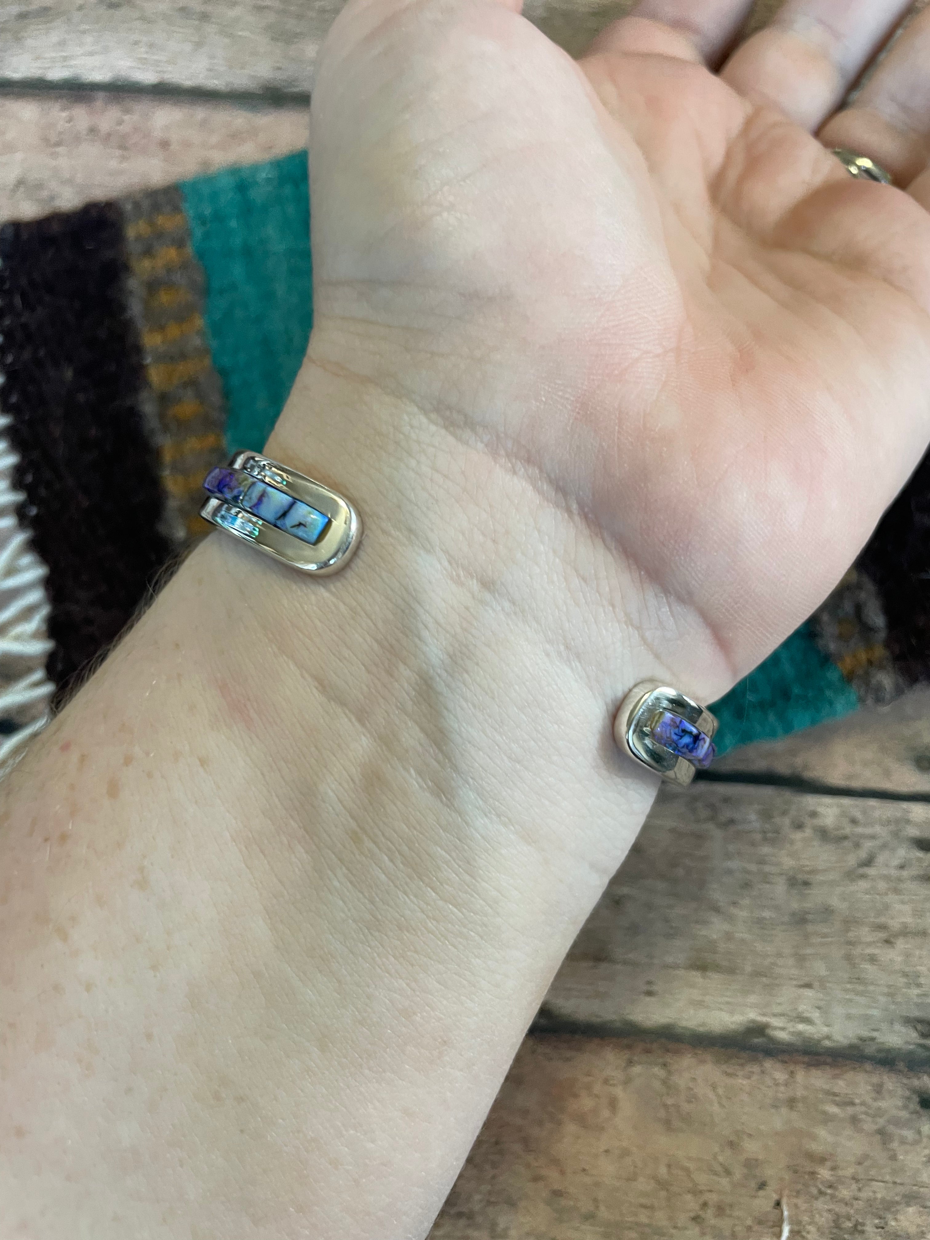 Navajo Handmade Sterling & Blue Opal Web Inlay Cuff Bracelet /