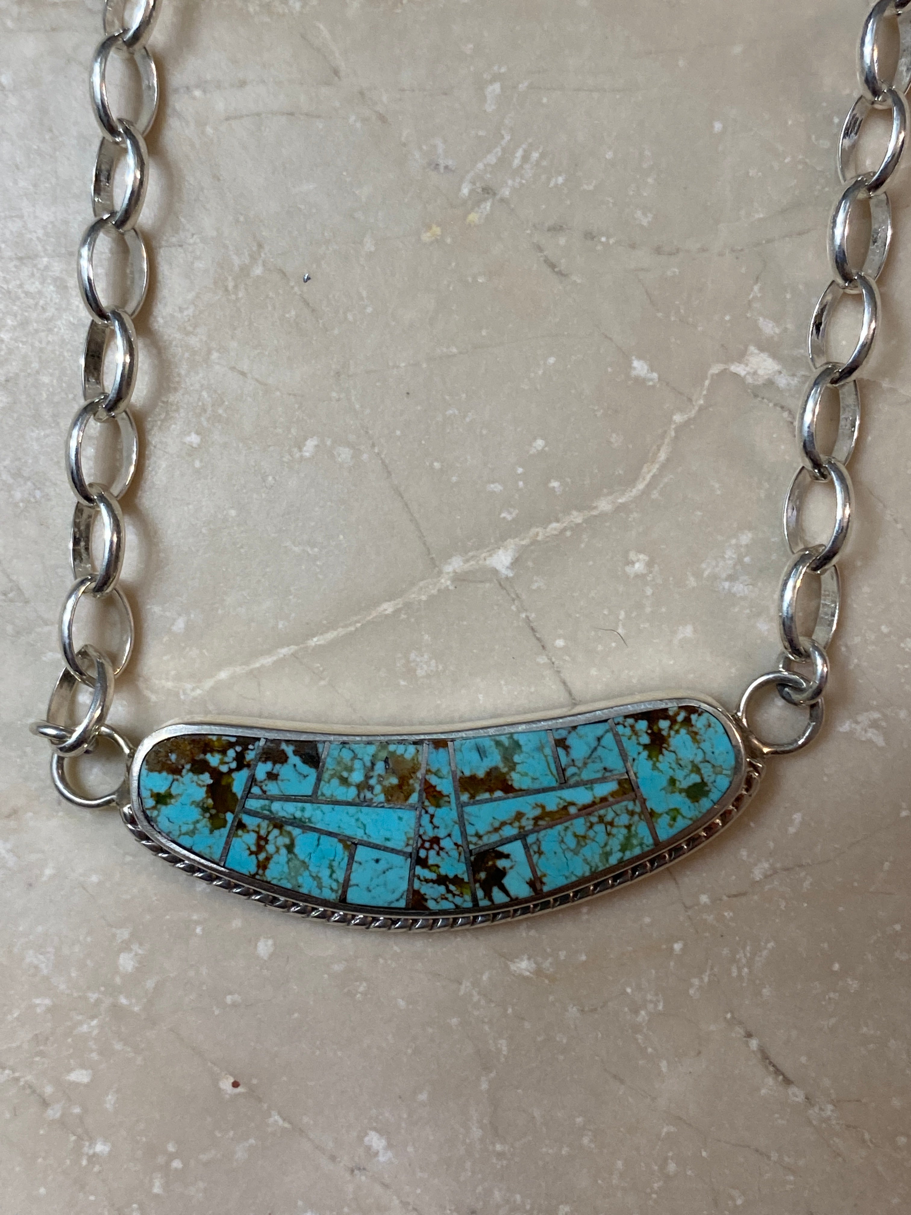 Handcrafted Sterling Silver & Turquoise Inlay Sleek Pendant Necklace