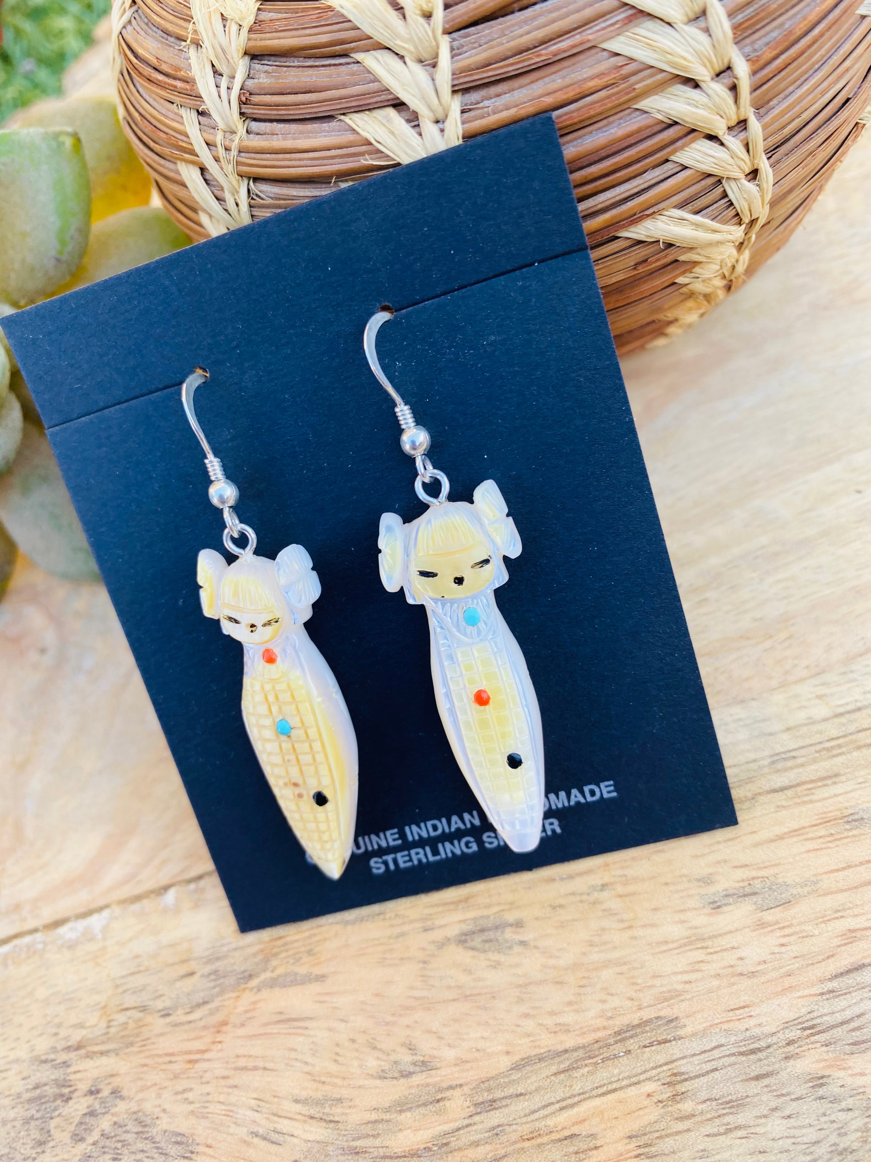 Vintage Handcrafted Hand Carved Mother of Pearl Corn Maiden Fetish Earrings