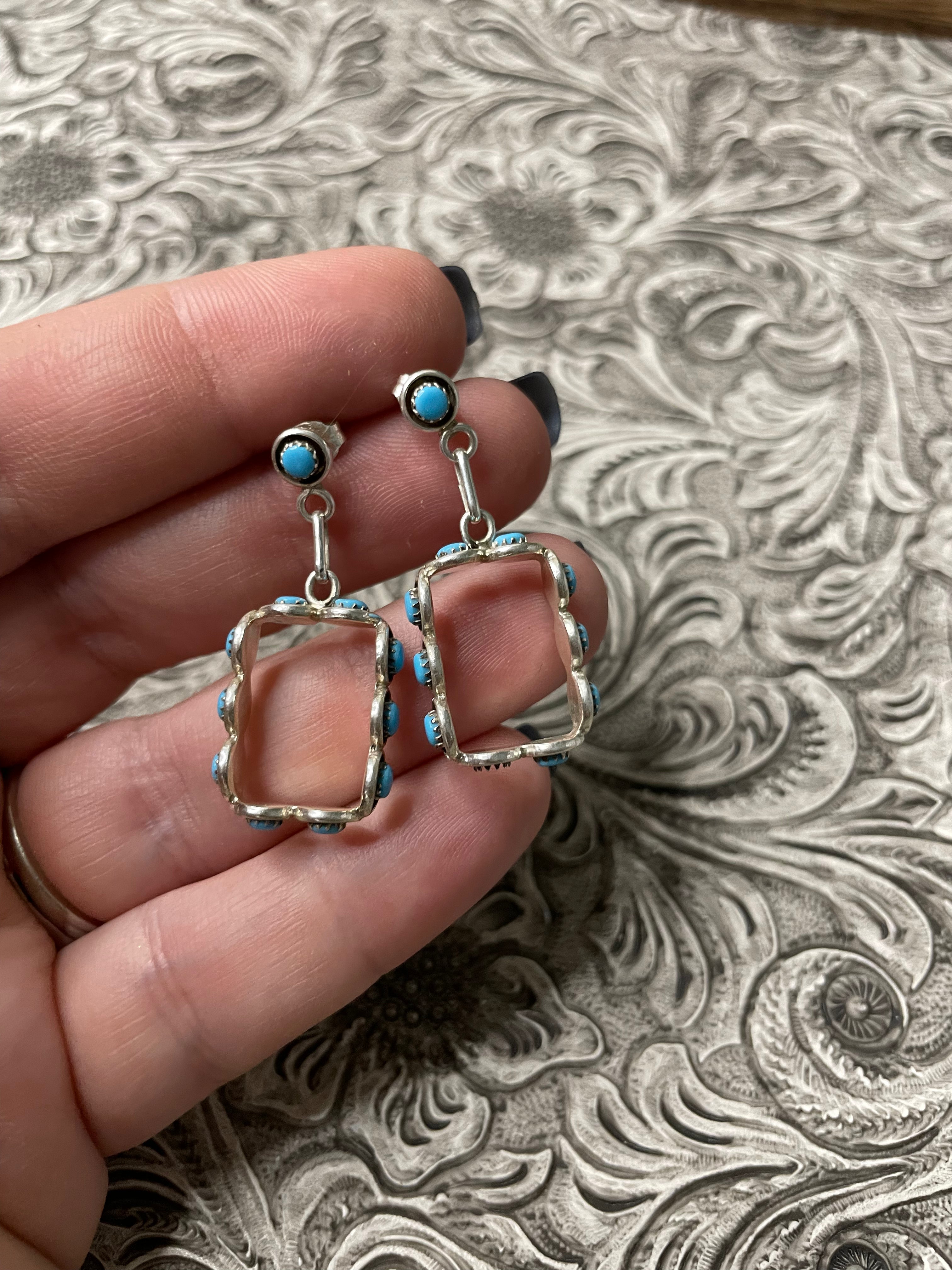 Zuni Turquoise And Sterling Silver Snake Eye Dangle Earrings