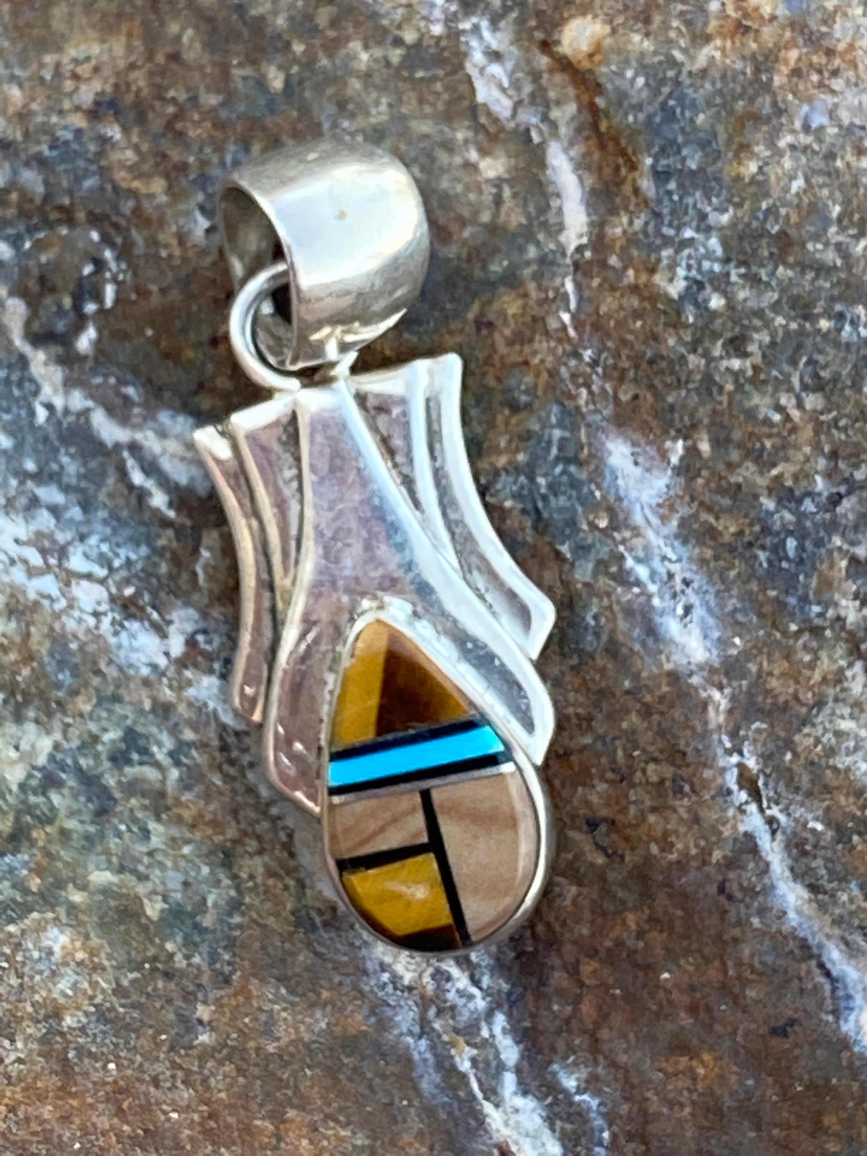 Handcrafted Turquoise, Onyx, Petrified Wood Pendant