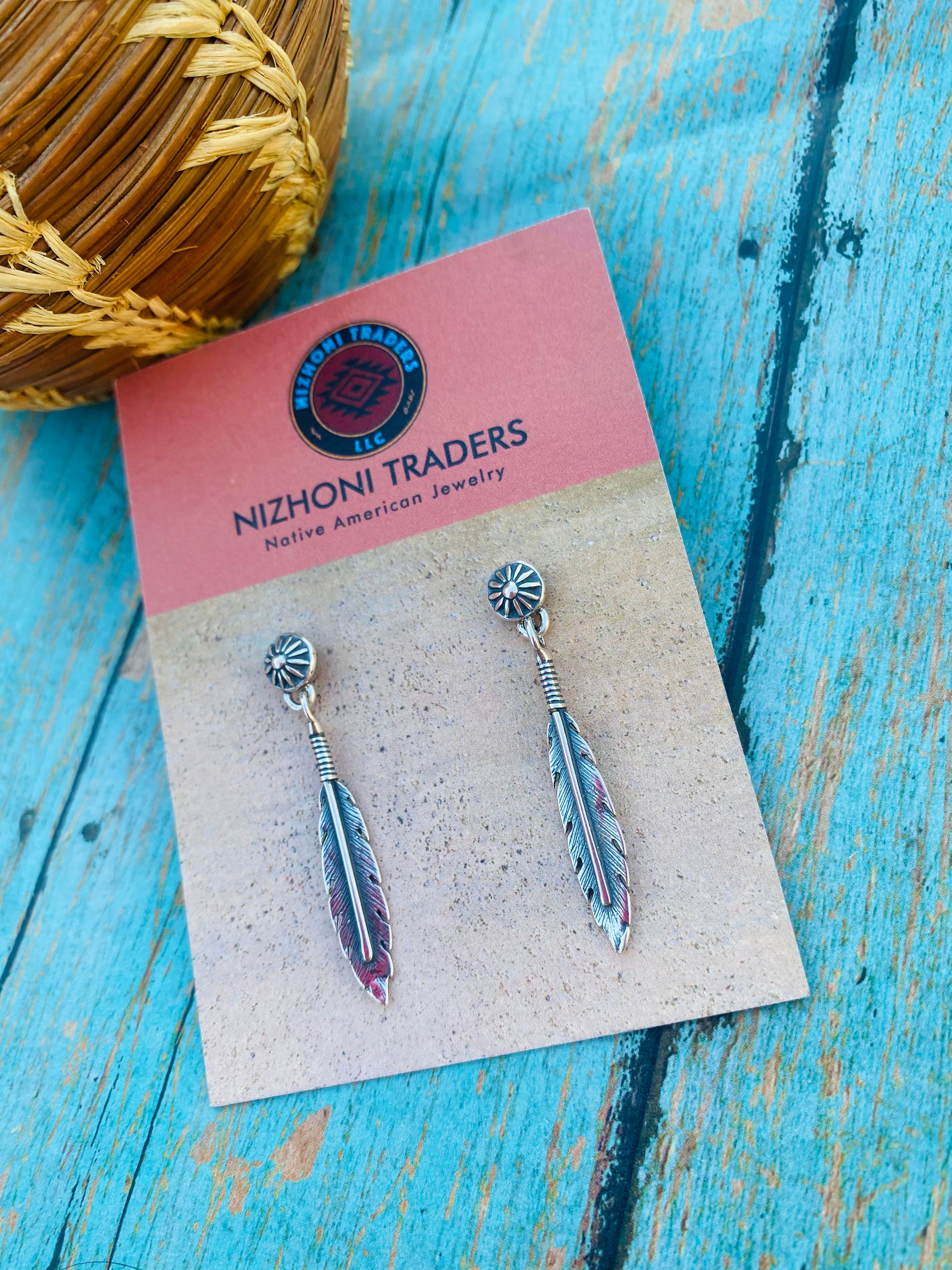 Handcrafted Sterling Silver Concho Feather Dangle Earrings