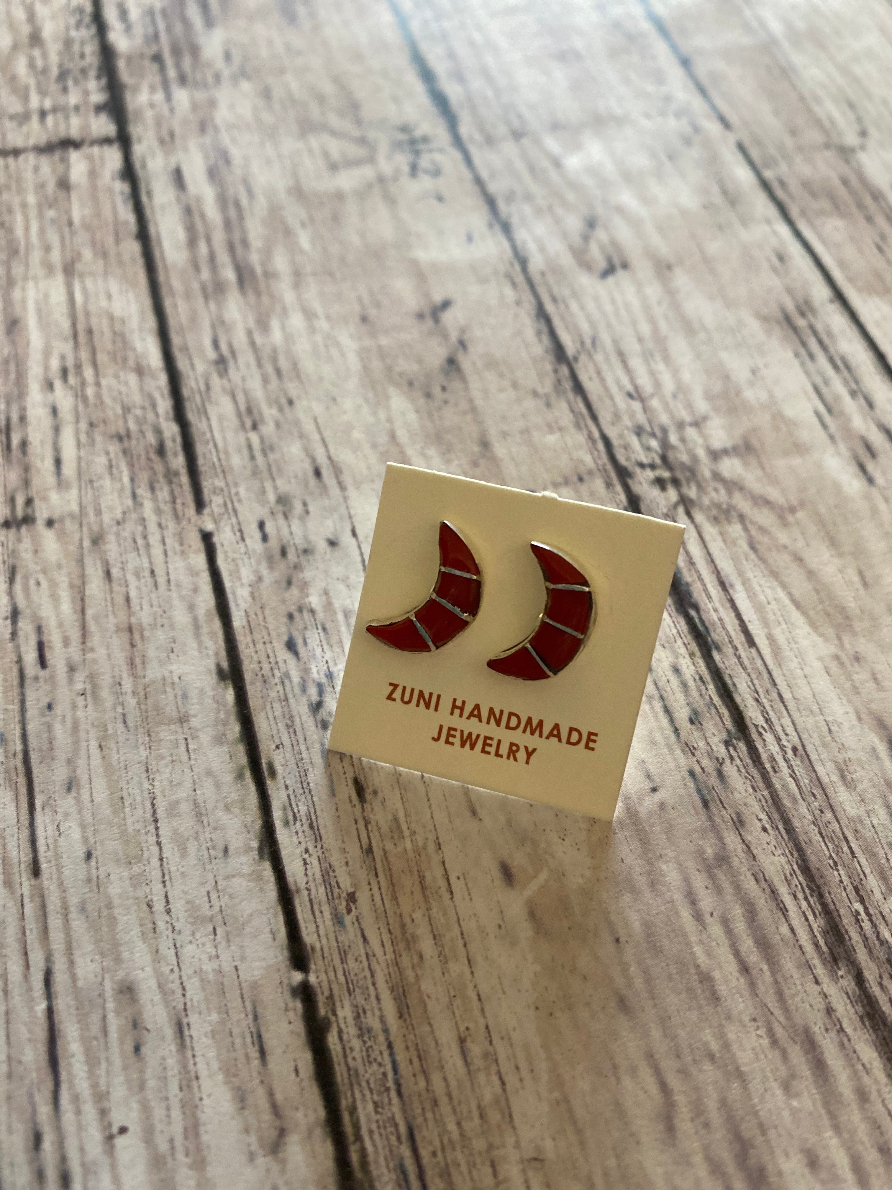 Handcrafted Sterling Silver & Coral Inlay Moon Stud Earrings