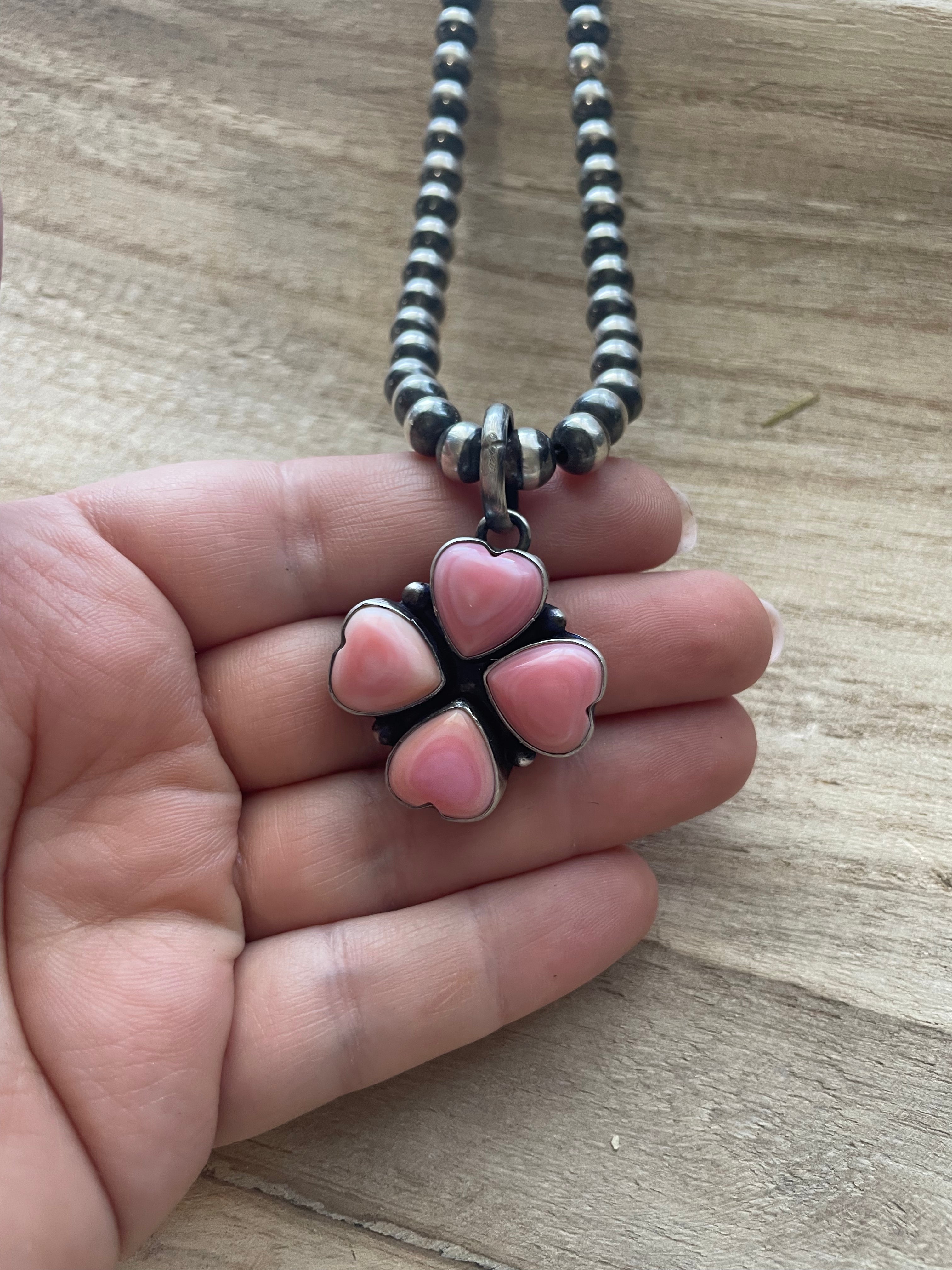 Handcrafted Queen Pink Conch Shell And Sterling Silver Heart Pendant Signed