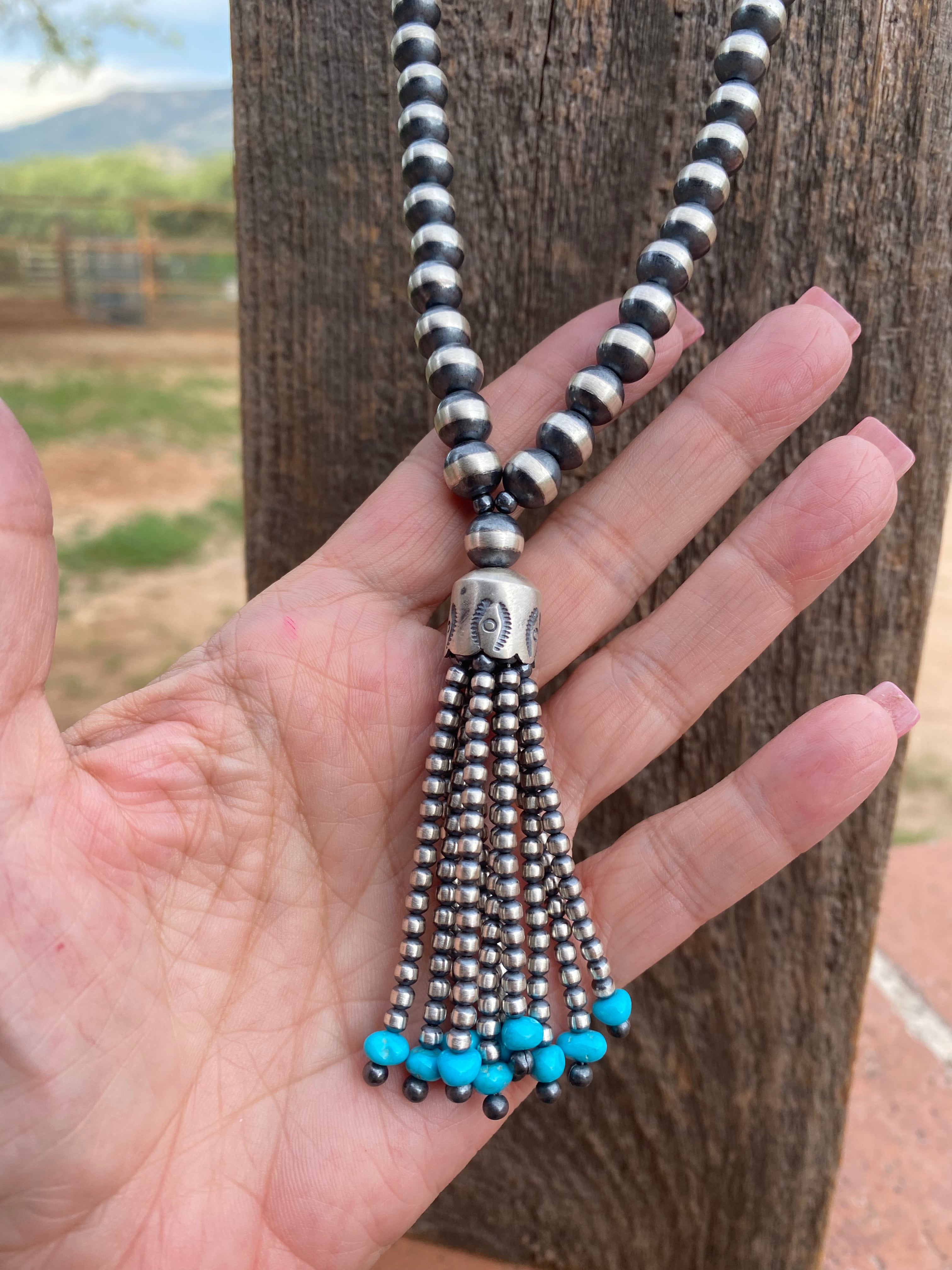 Handcrafted Sterling Silver Beaded Turquoise Tassel Necklace