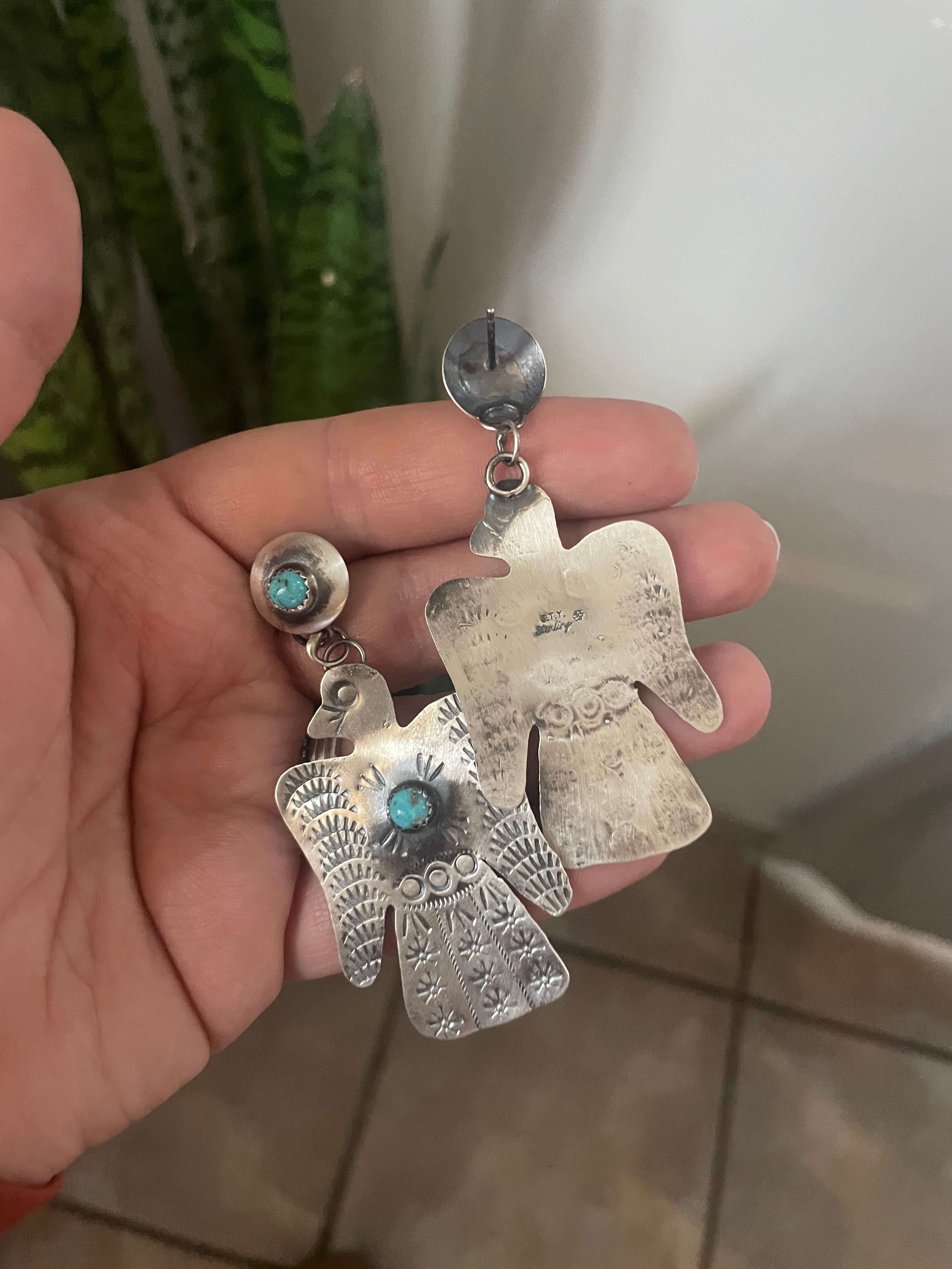 Handcrafted Turquoise & Sterling Silver Thunderbird Dangle Earrings By Tim Yazzie