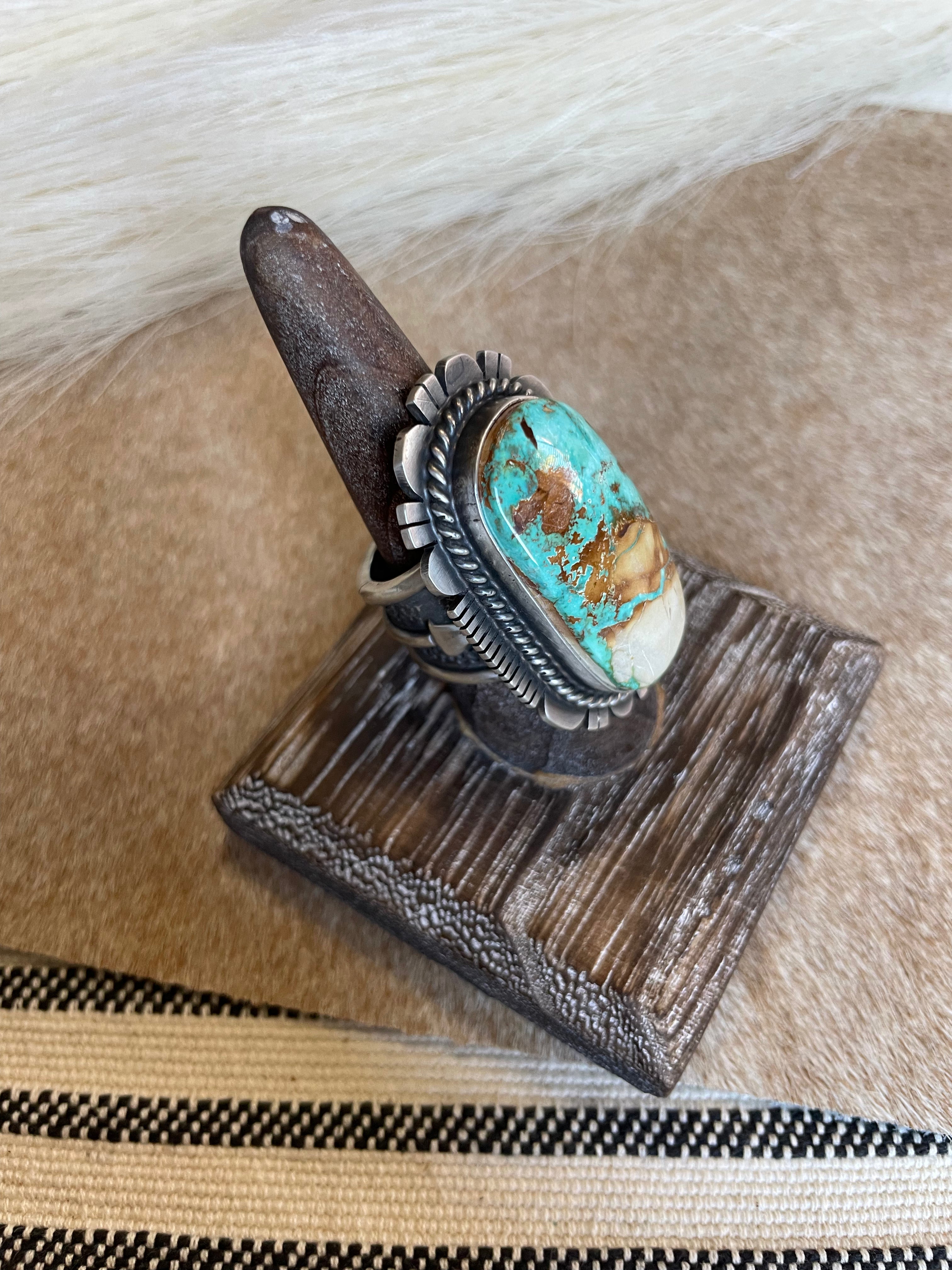 Navajo Turquoise & Sterling Silver Ring Size 8.5 Signed Russell Sam