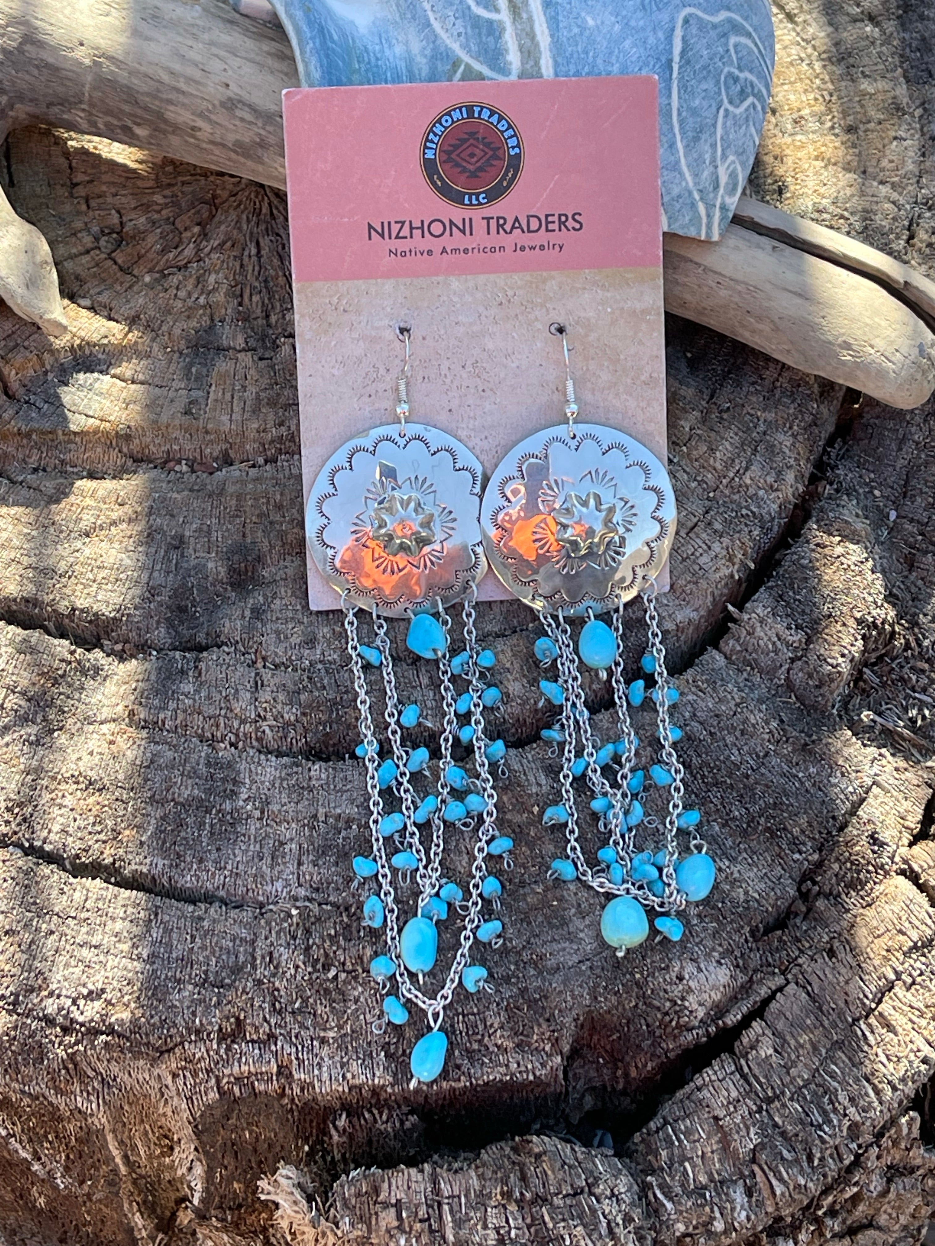 Sterling Silver Turquoise Concho Chain Dangle Earrings
