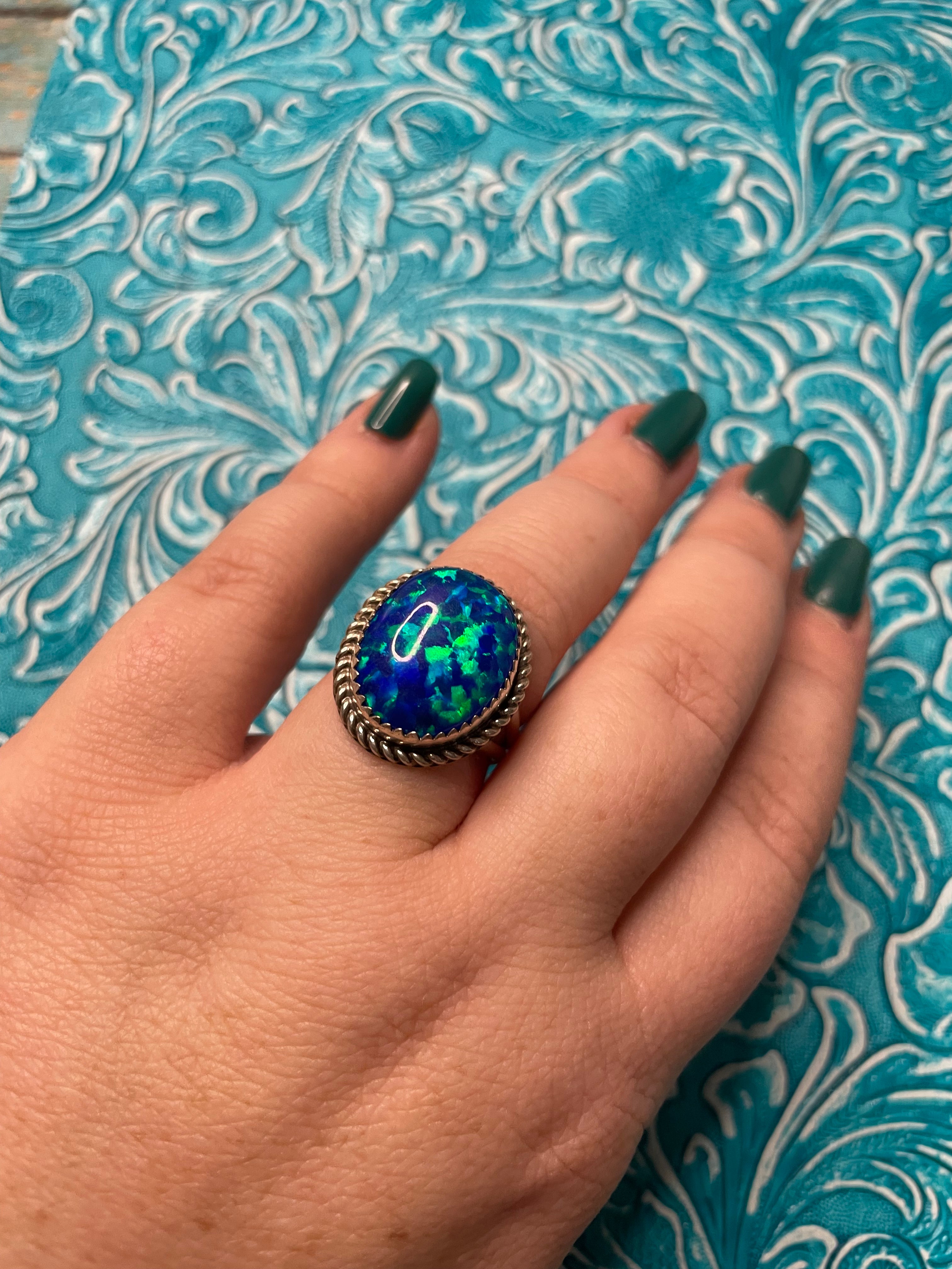 Handcrafted Man Made Sterling Silver & Blue Opal Ring Signed