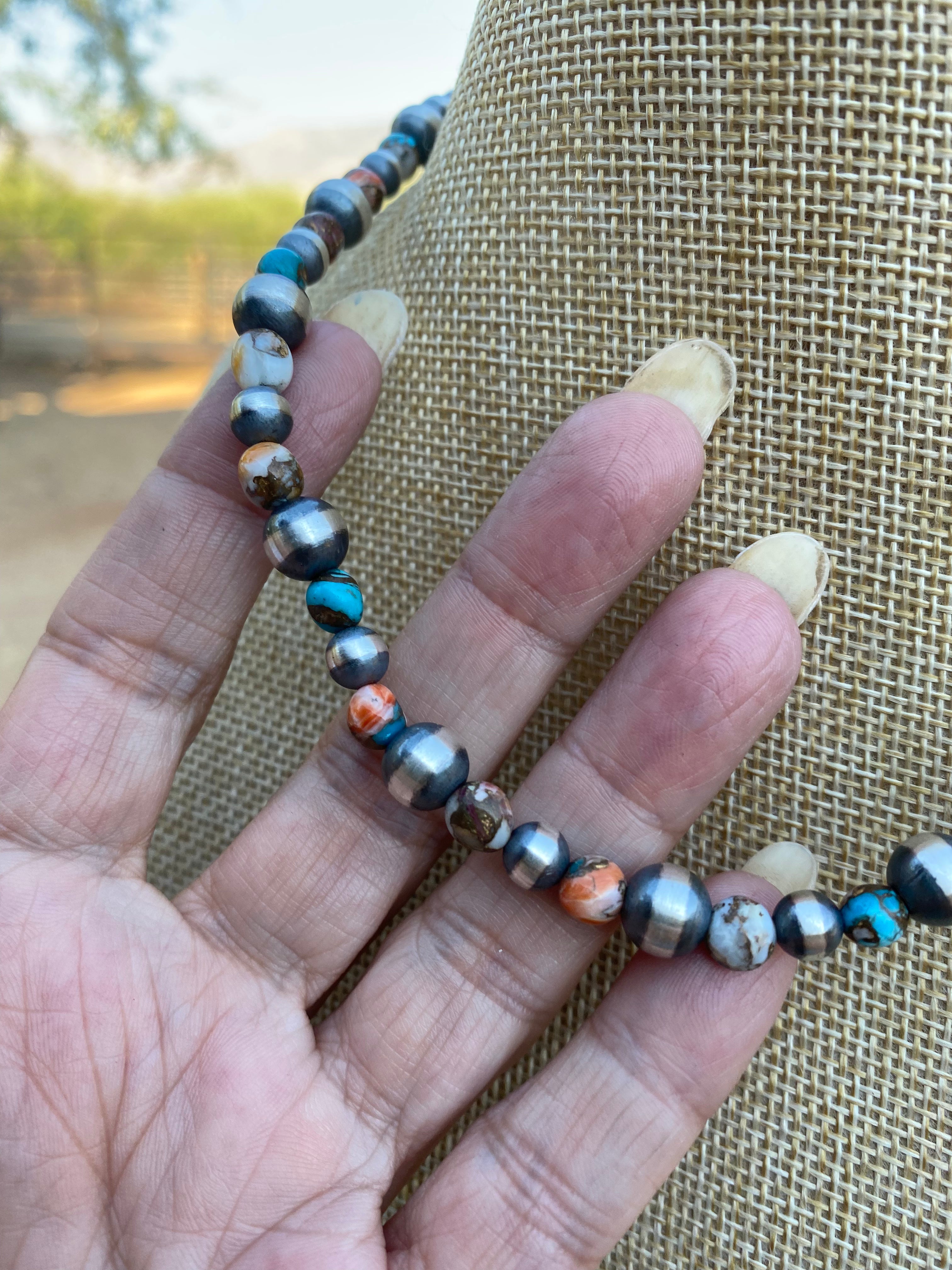 Handcrafted Turquoise & Spiny Spice Sterling Silver Beaded Necklace 16 inch