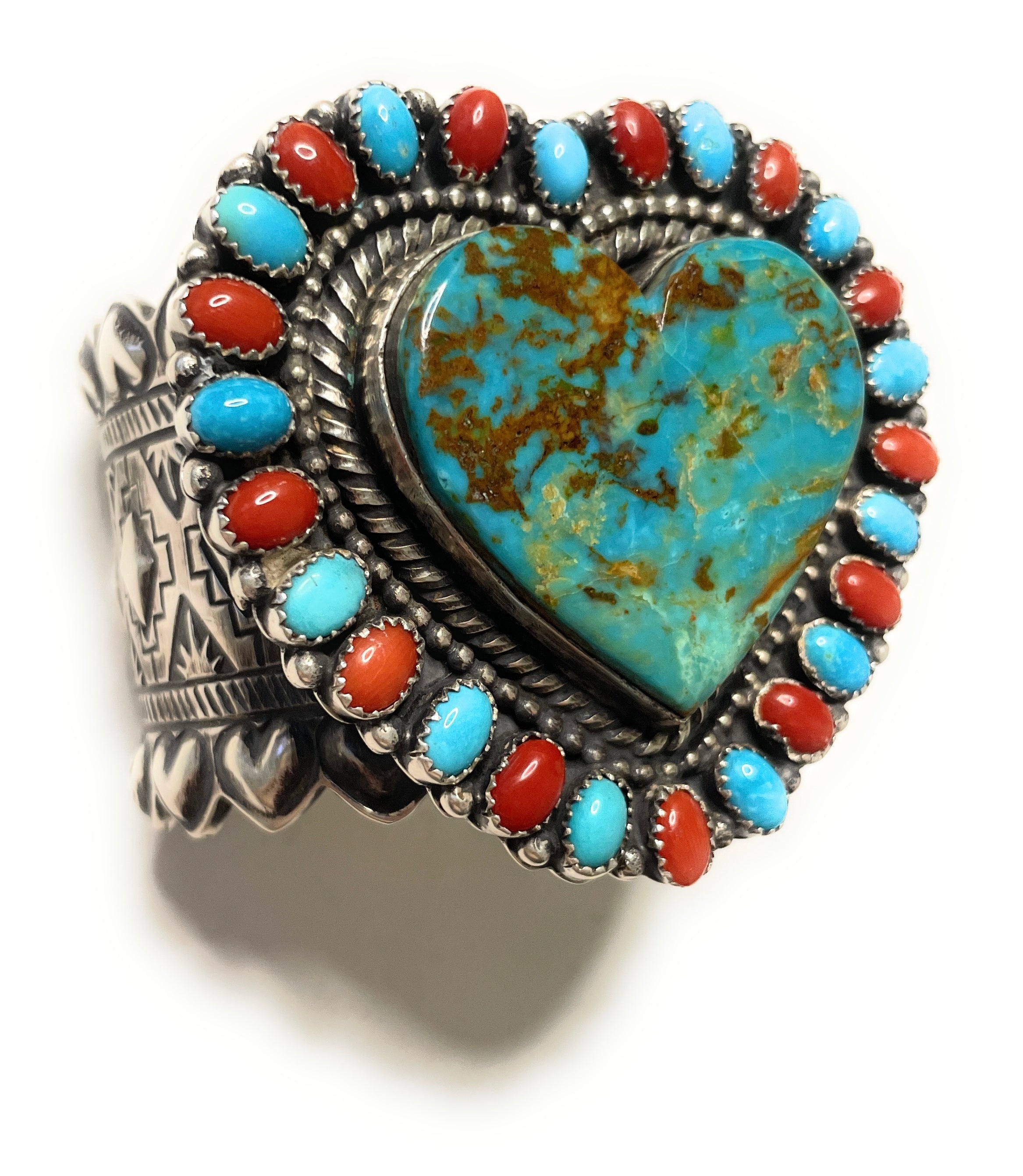 Navajo Sterling Heart Statement Turquoise And Natural Red Coral Bracelet Cuff Signed /