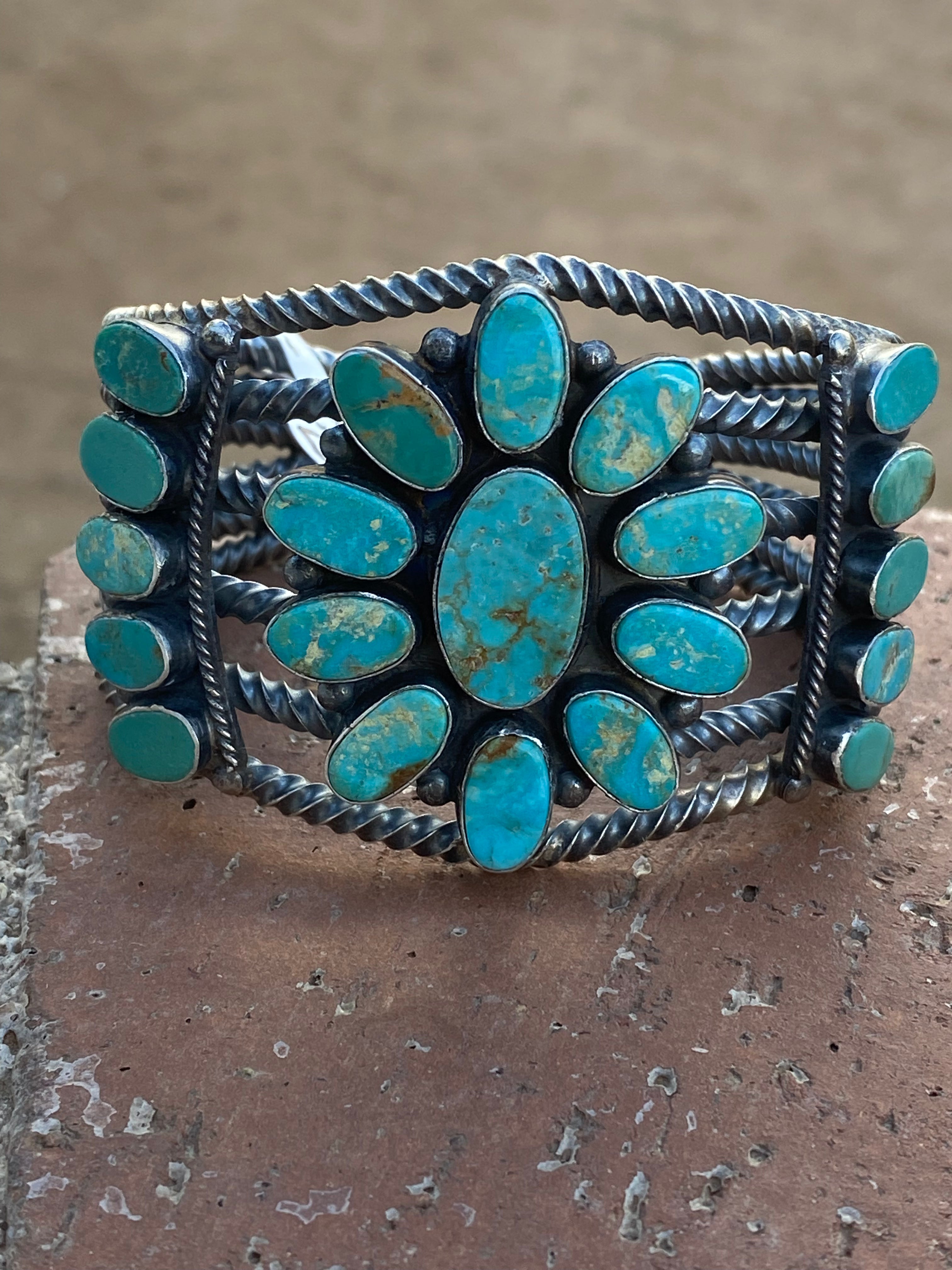 Navajo Jacqueline Silver Royston Turquoise & Sterling Cluster Cuff /