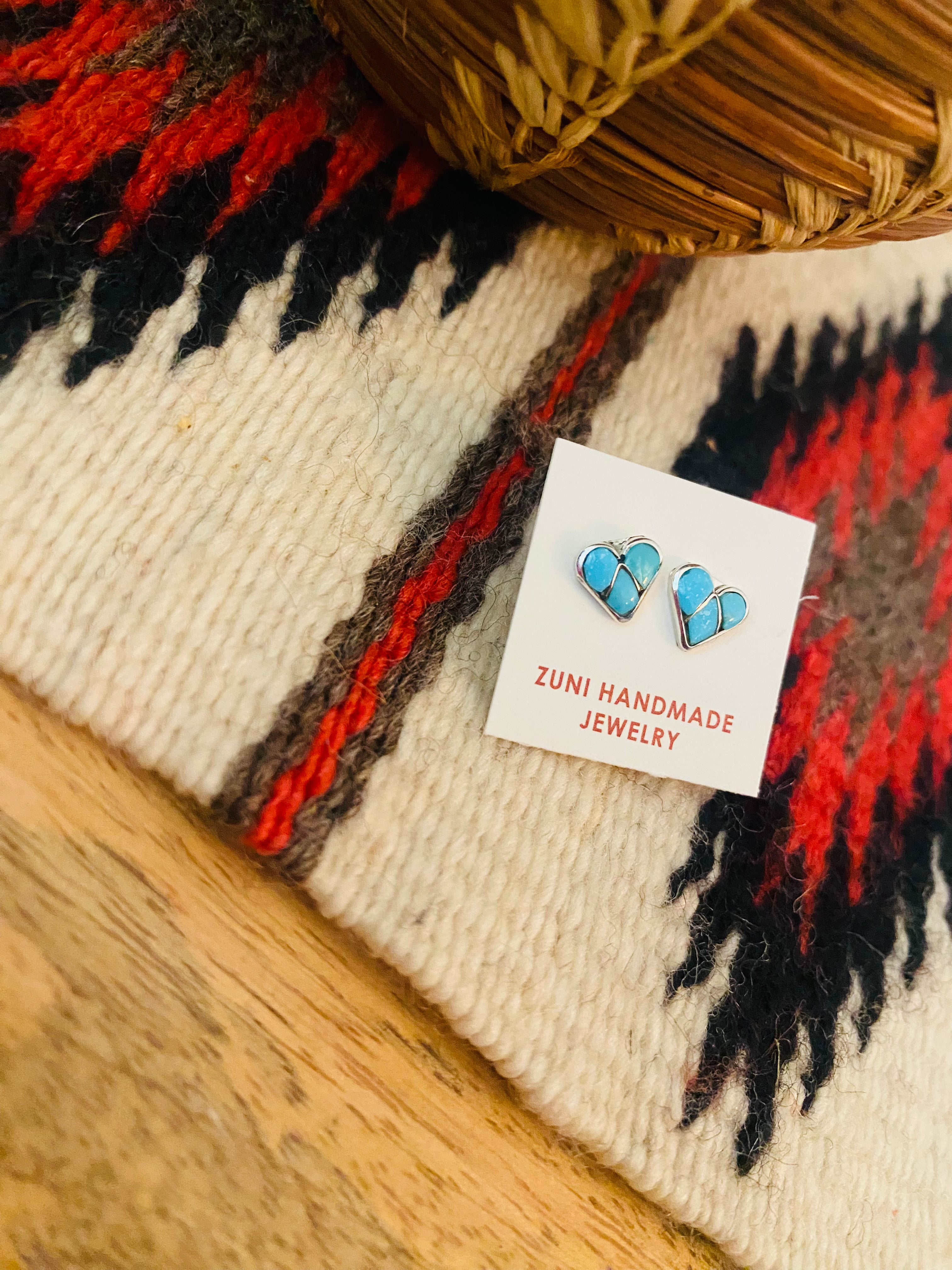 Handcrafted Sterling Silver & Turquoise Inlay Stud Heart Earrings