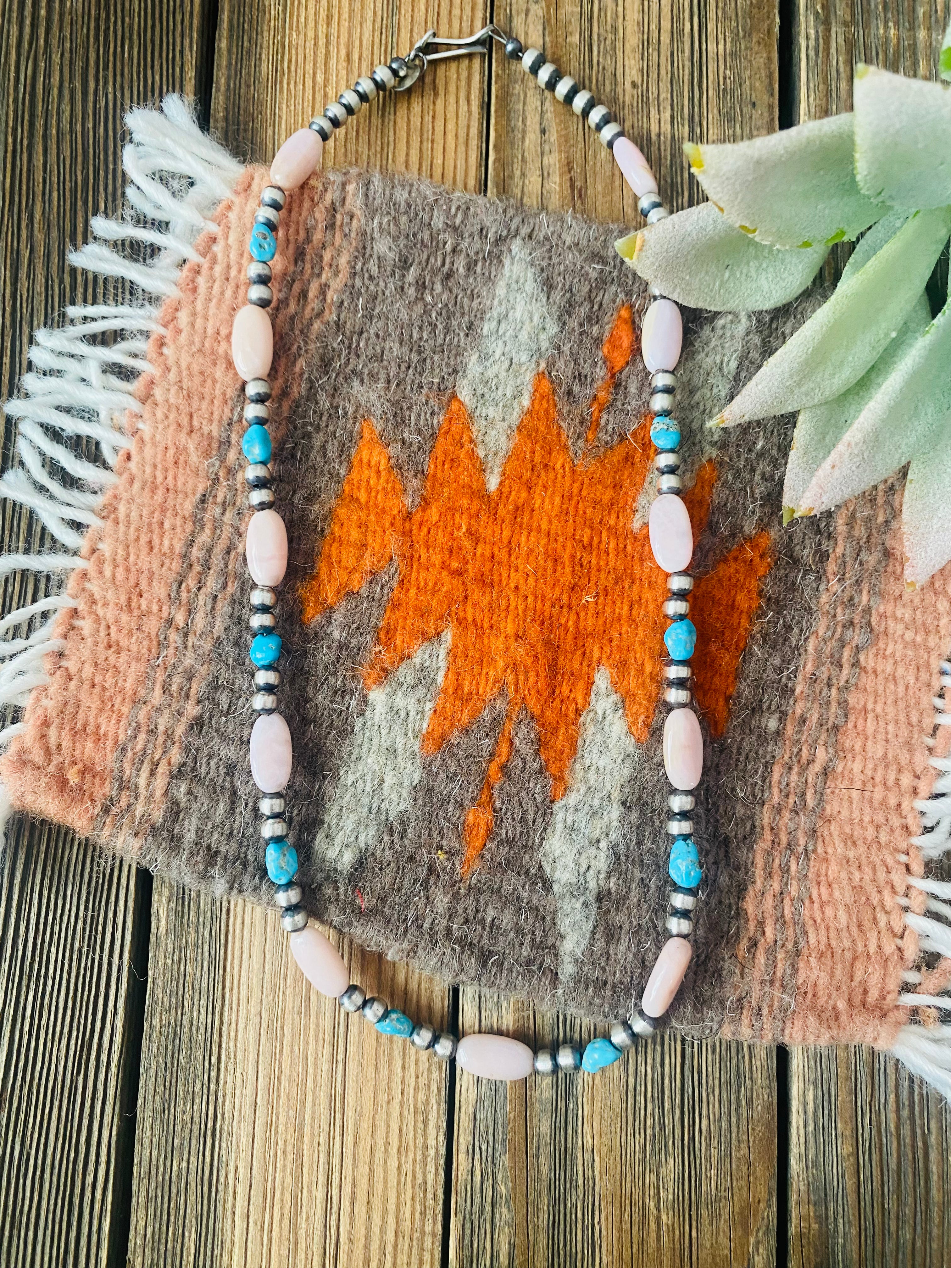 Handcrafted Sterling Silver Pearl, Turquoise & Queen Pink Conch Beaded Necklace 18”