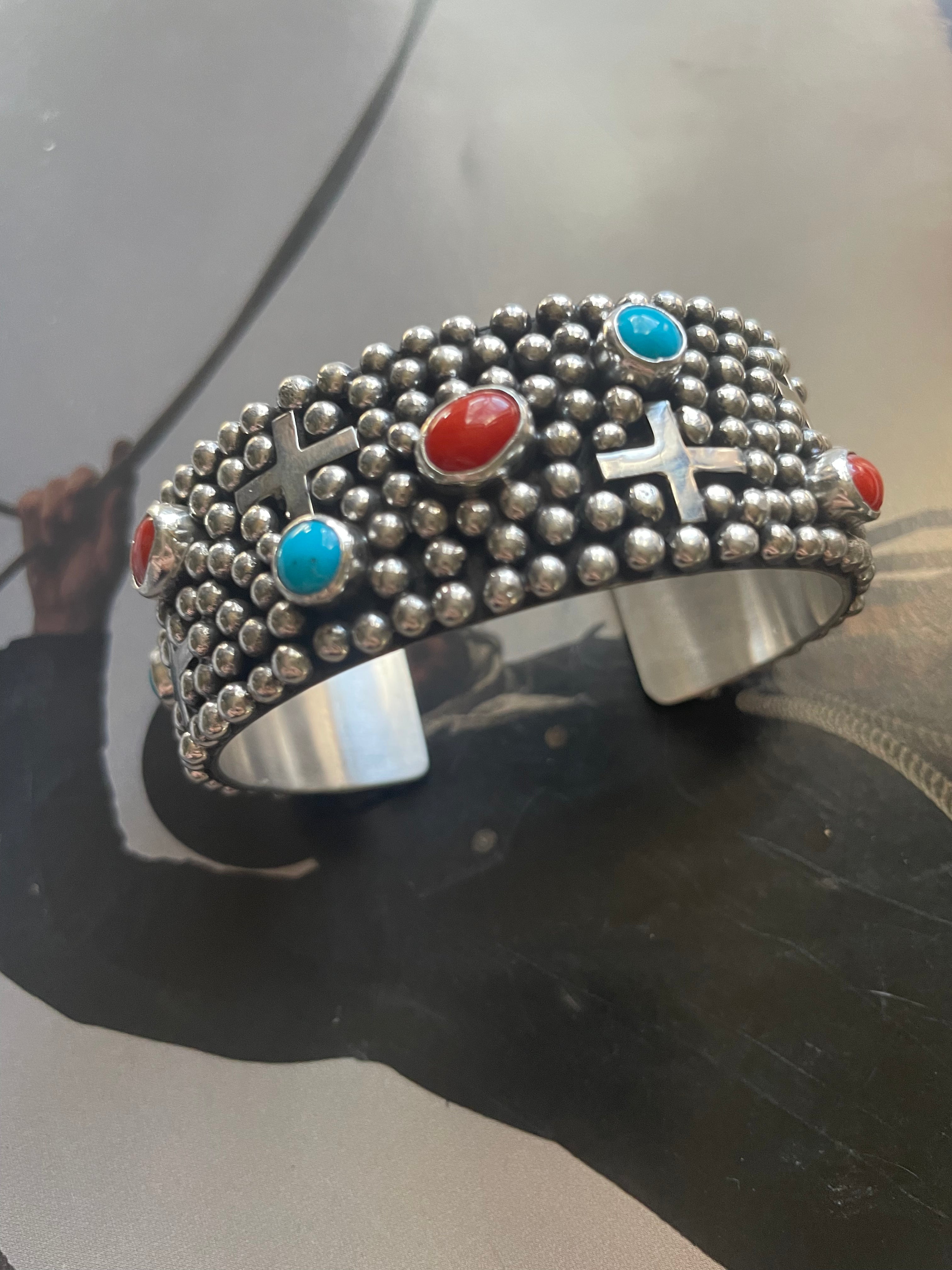 Sterling Silver, Turquoise, & Coral Cross Cuff Bracelet By Ronnie Willie /