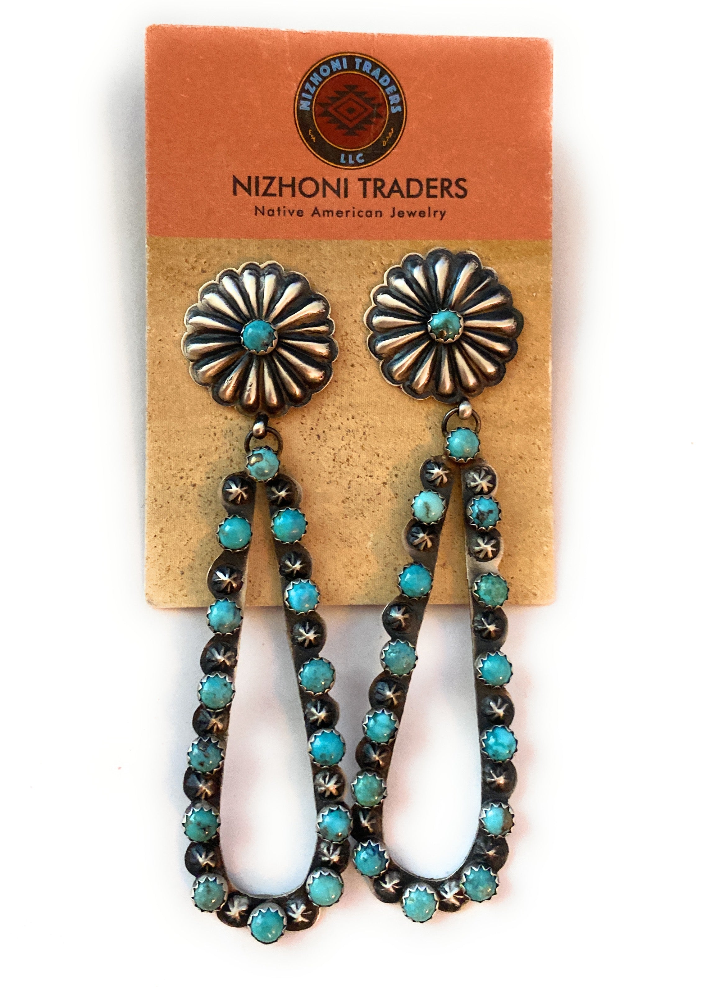 Handcrafted Sterling Silver & Turquoise Concho Dangle Earrings By Eugene Charley