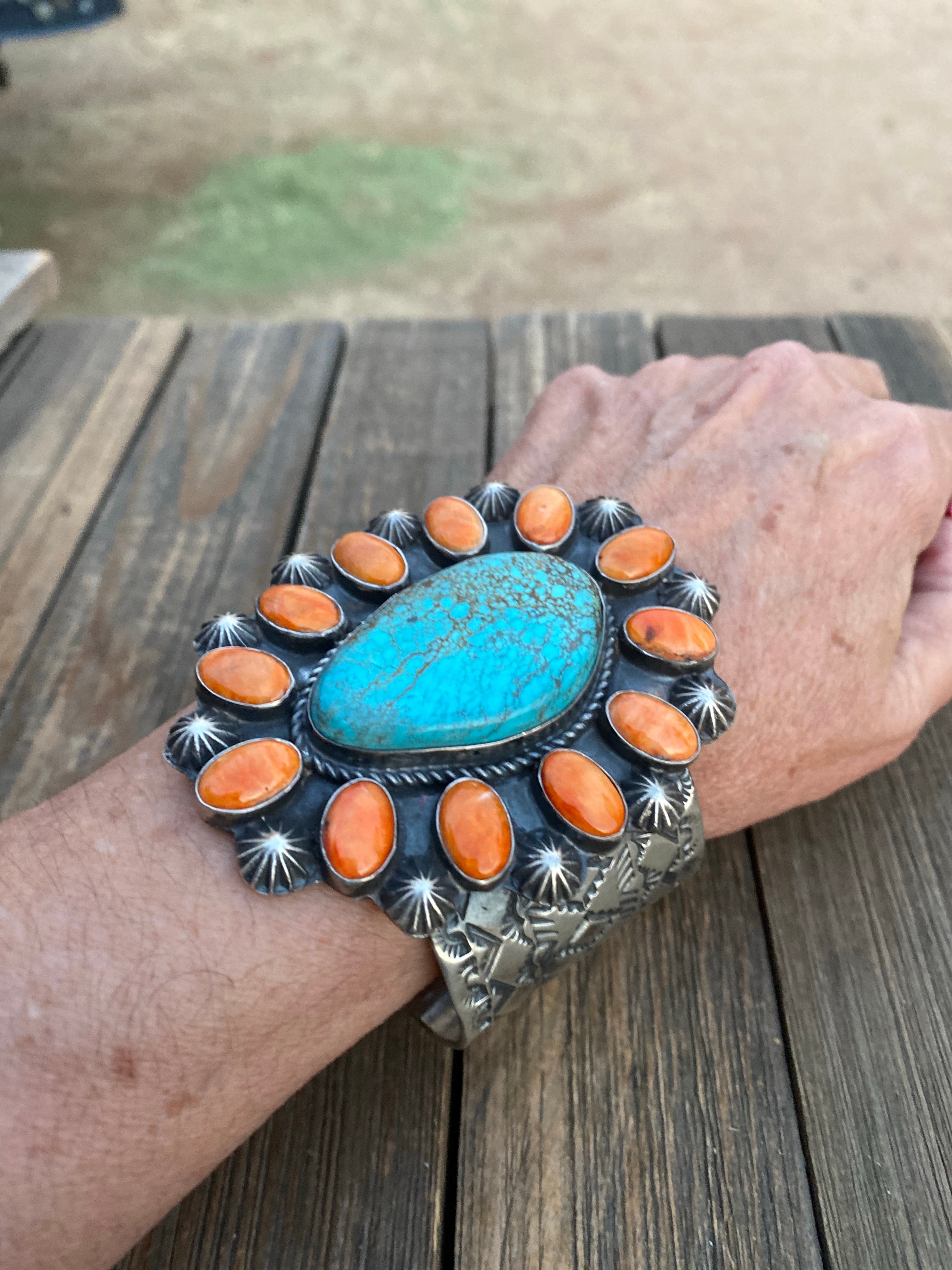 Handcrafted Kingman Turquoise & Spiny Sterling Silver Bracelet Signed /