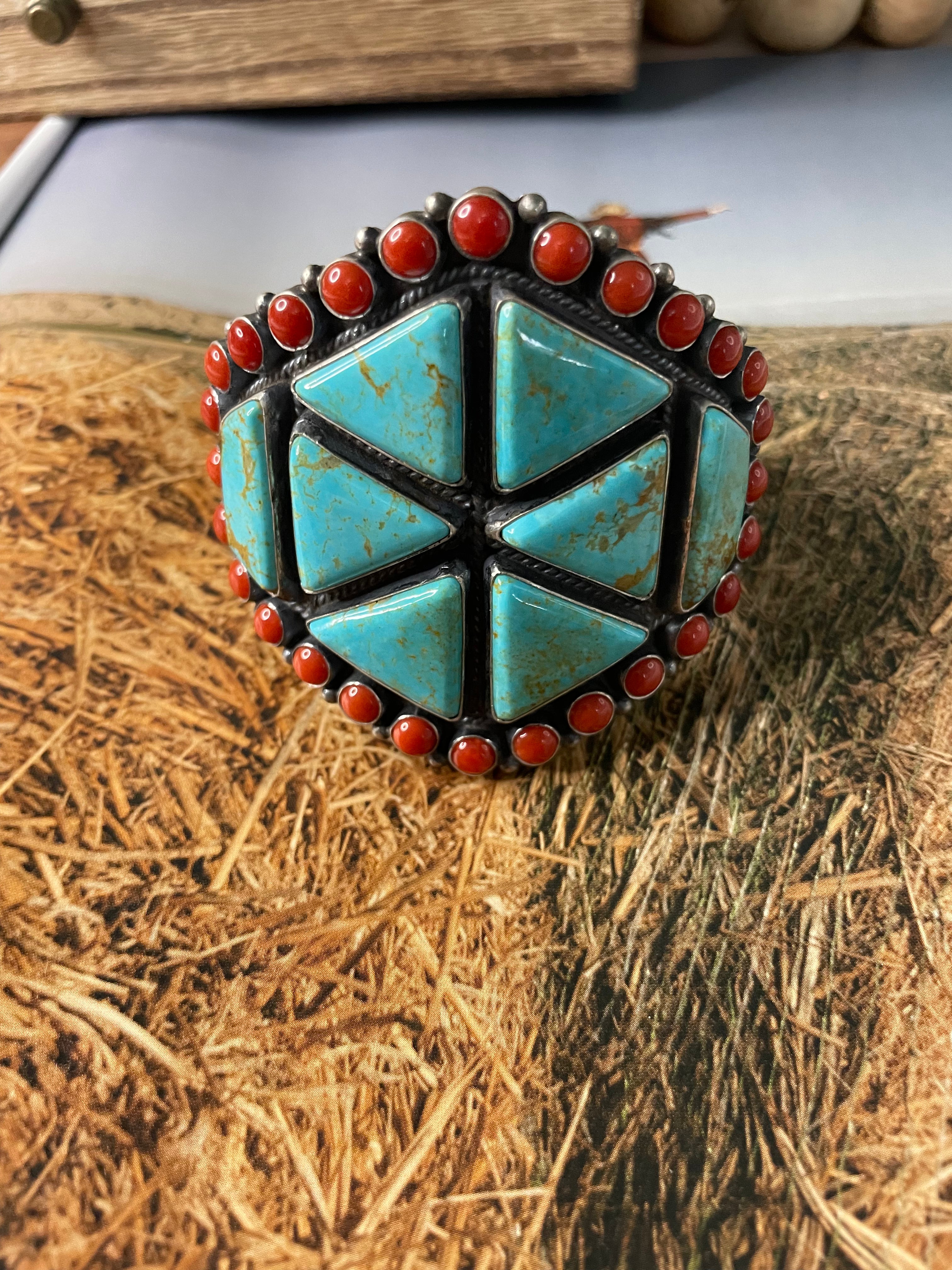 Anthony Skeets Handcrafted Turquoise, Coral & Sterling Silver Cuff Bracelet Signed /