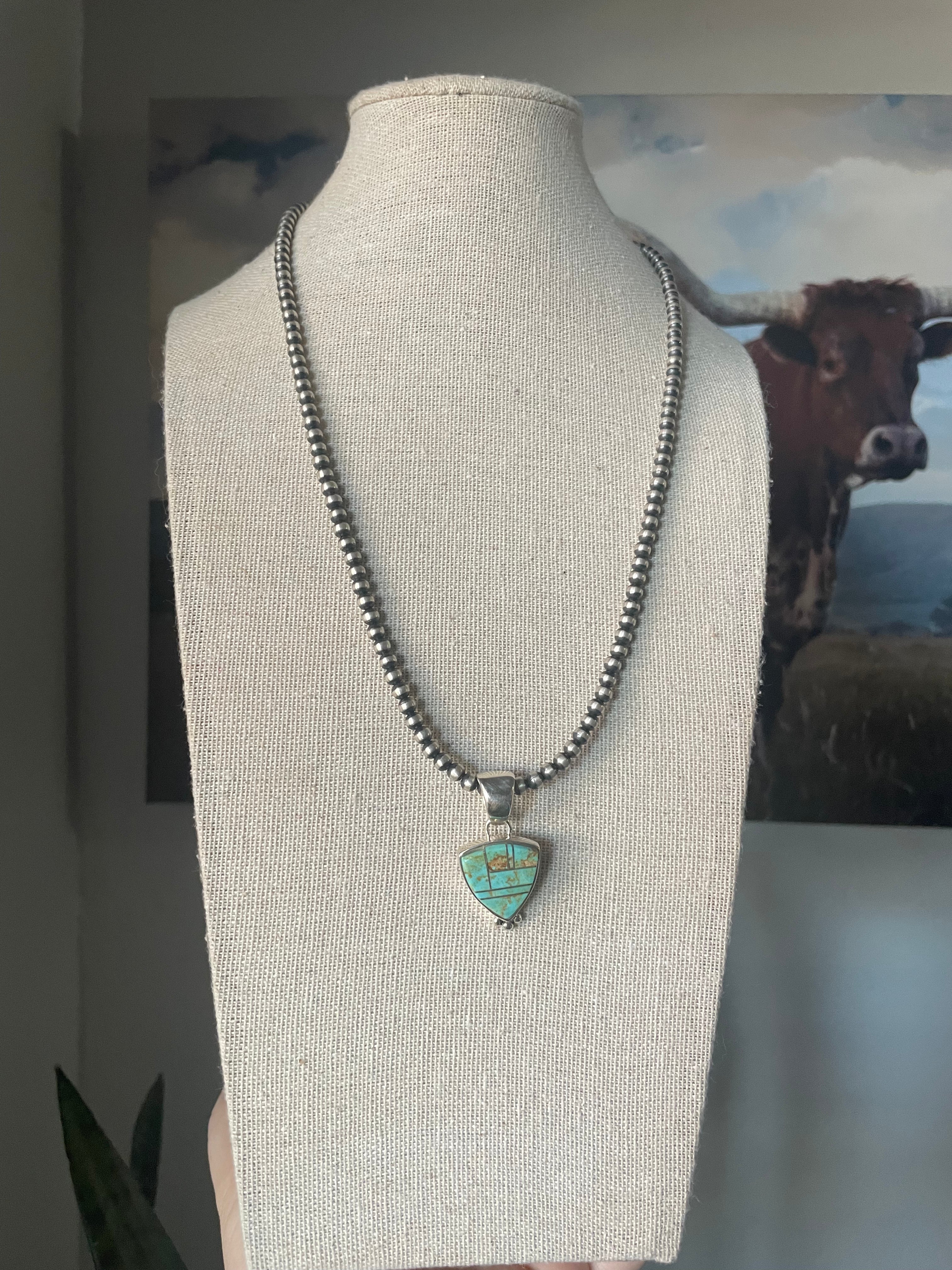 Handcrafted Number 8 Turquoise Inlay & Sterling Silver Pendant