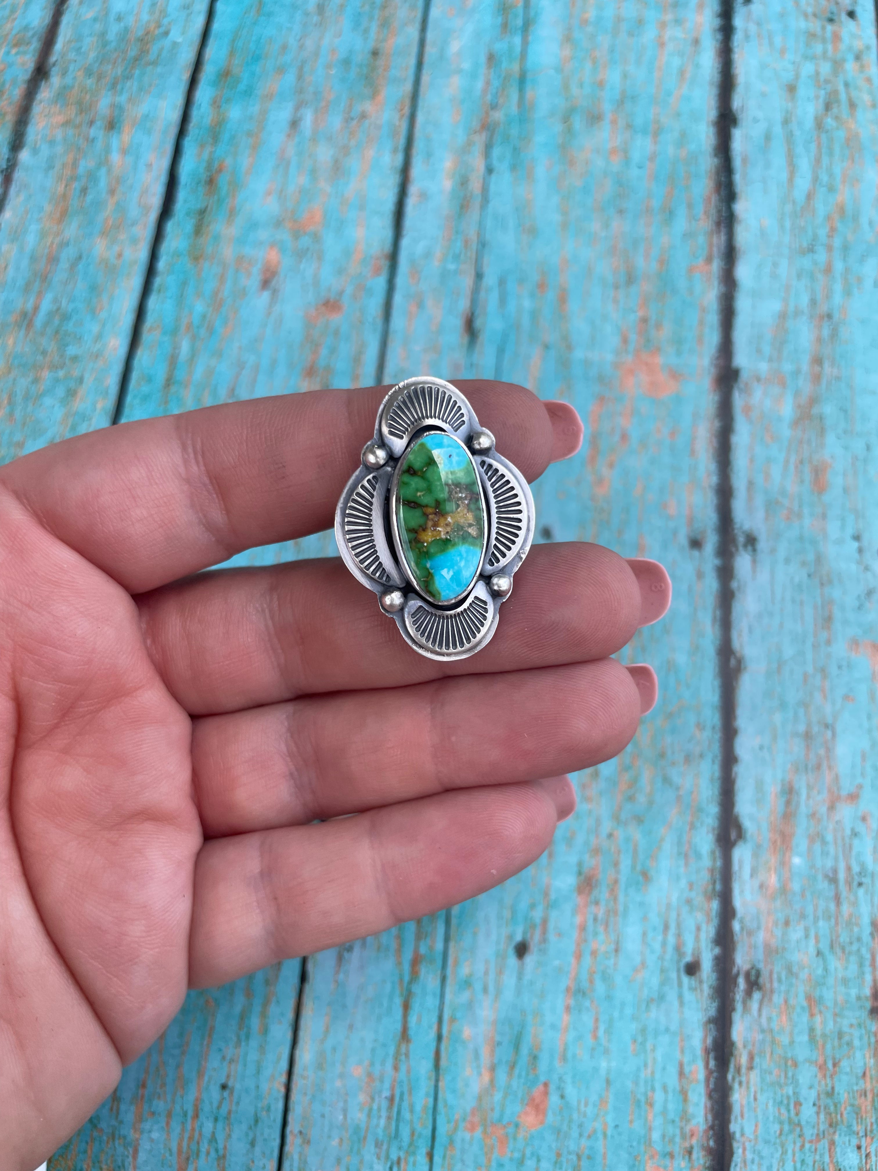 Navajo Sonoran Mountain Turquoise And Sterling Silver Statement Ring Size 7