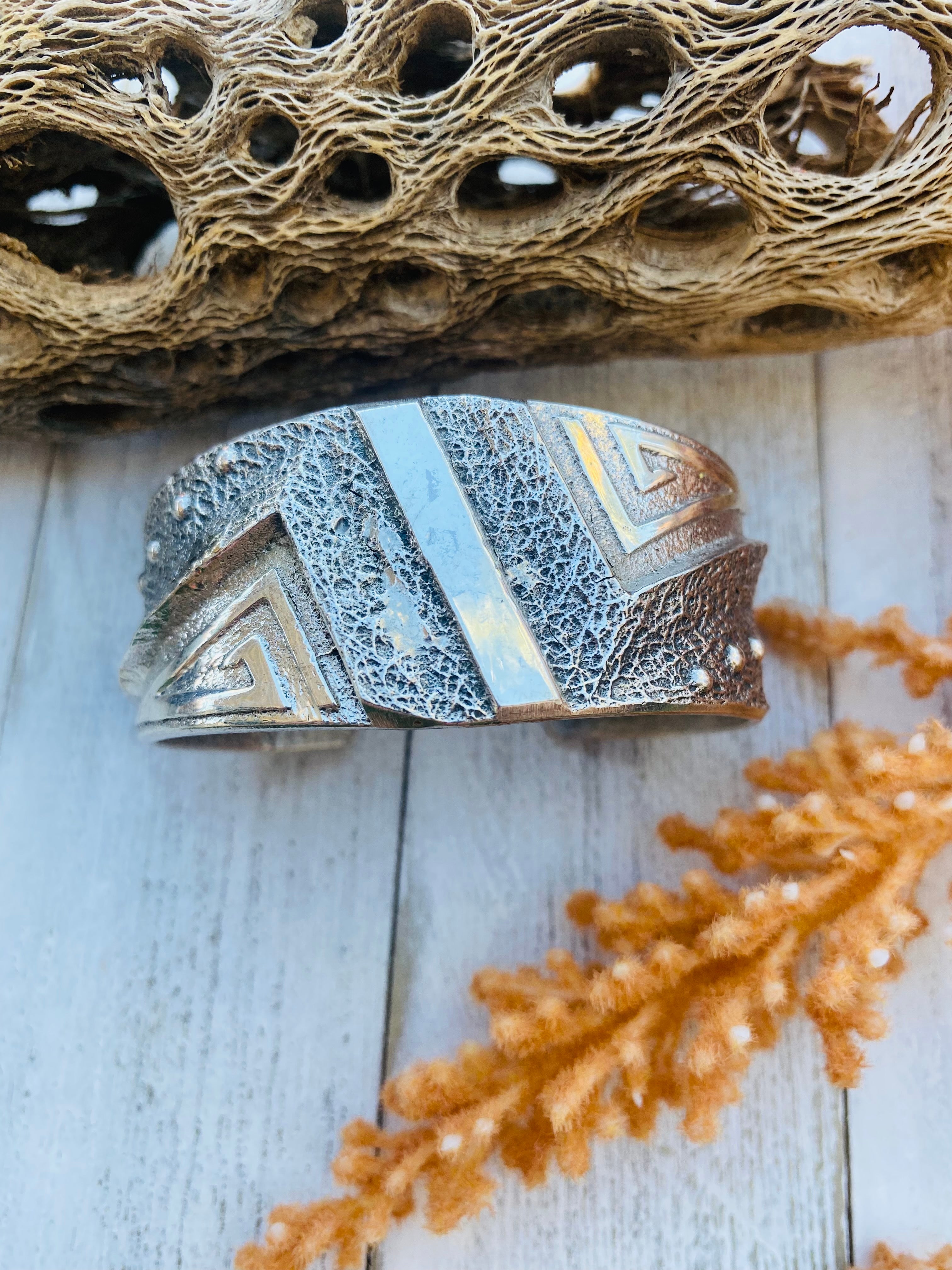Handcrafted Vintage Sterling Silver Tufa Cast Cuff Bracelet