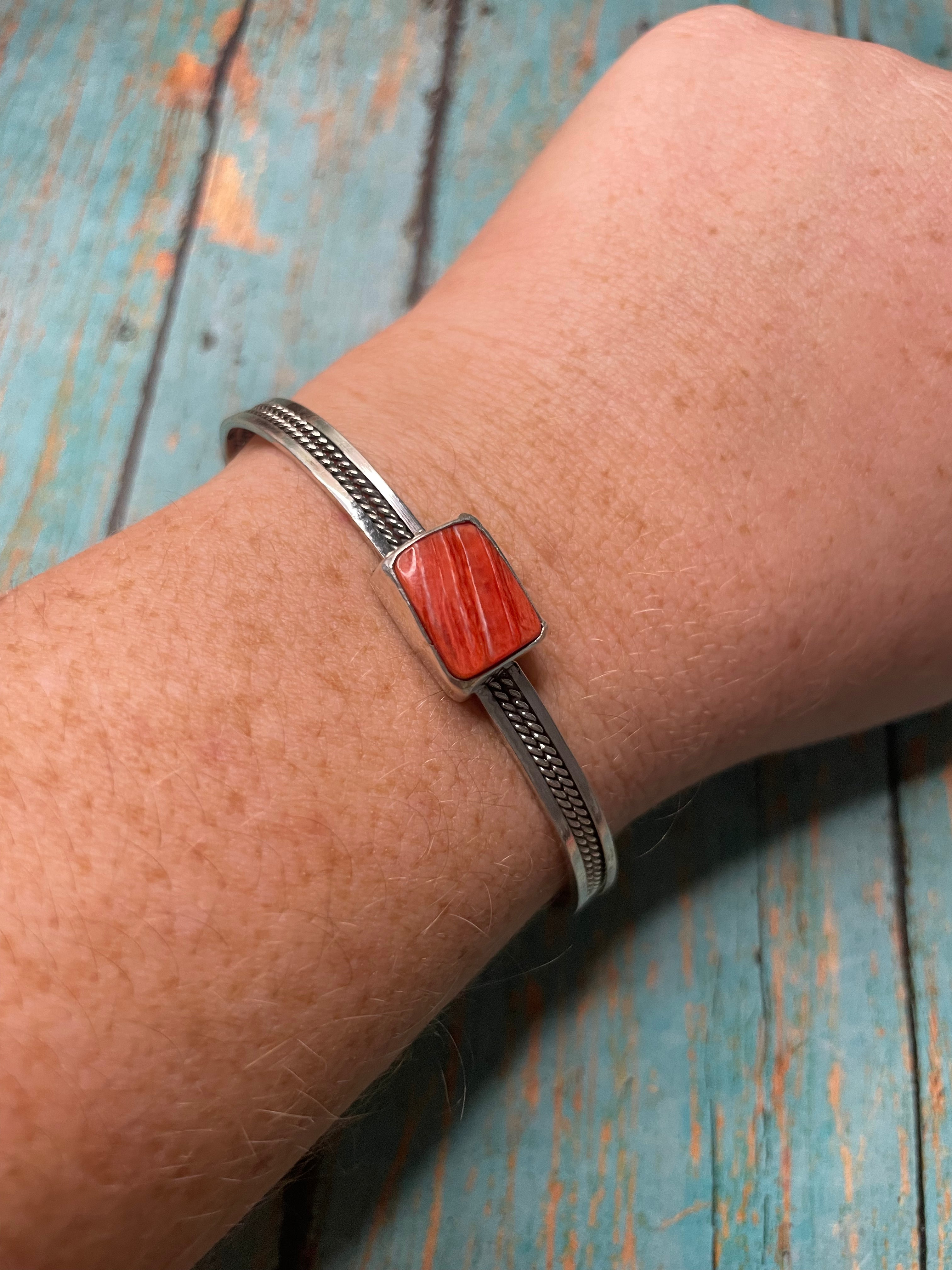 Handcrafted Orange Spiny & Sterling Silver Adjustable Cuff Bracelet