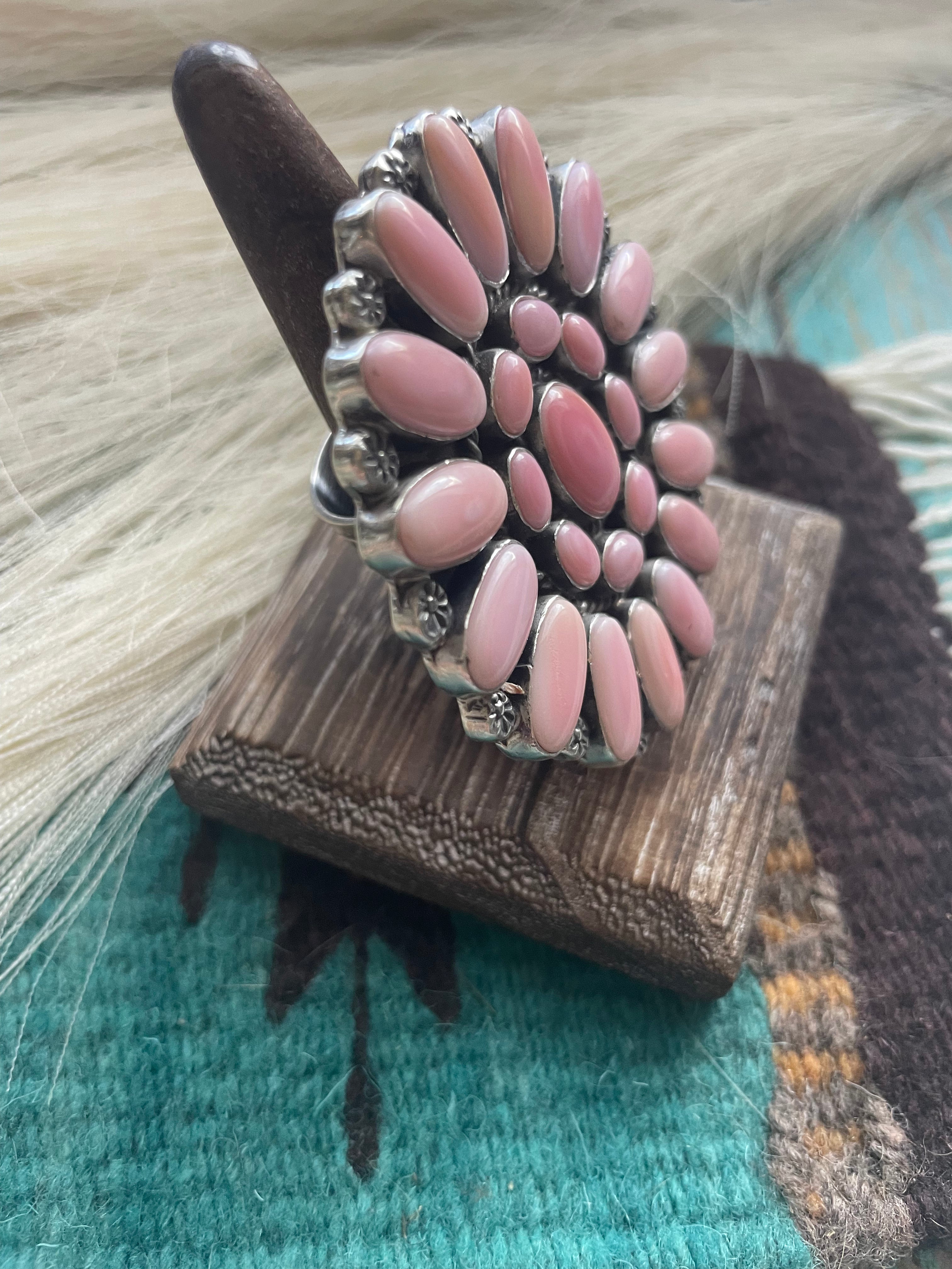 Handcrafted Sterling and Queen Pink Conch Shell Adjustable Statement Ring Signed C Yazzie