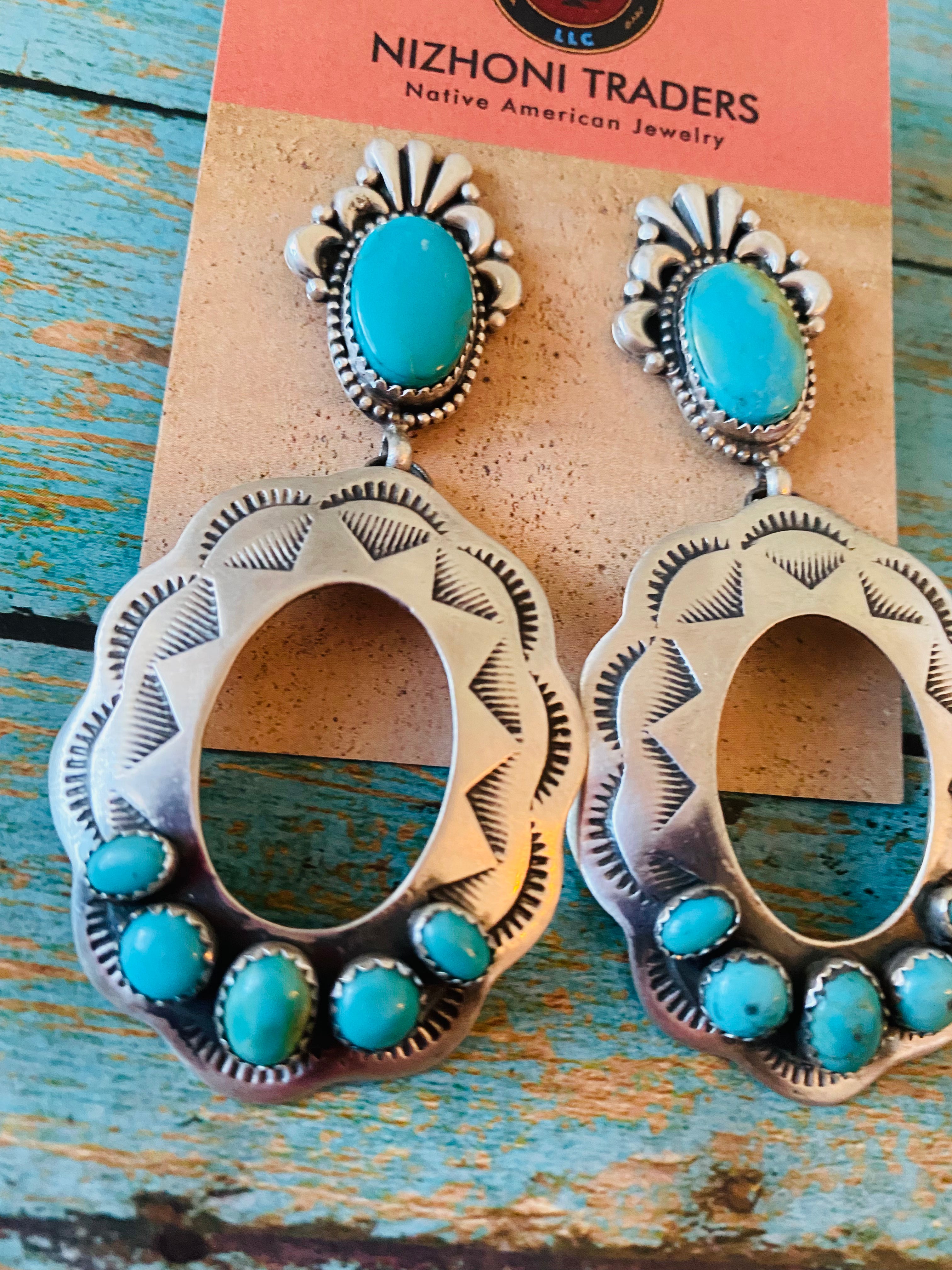 Handcrafted Sterling Silver & Turquoise Concho Dangle Earrings