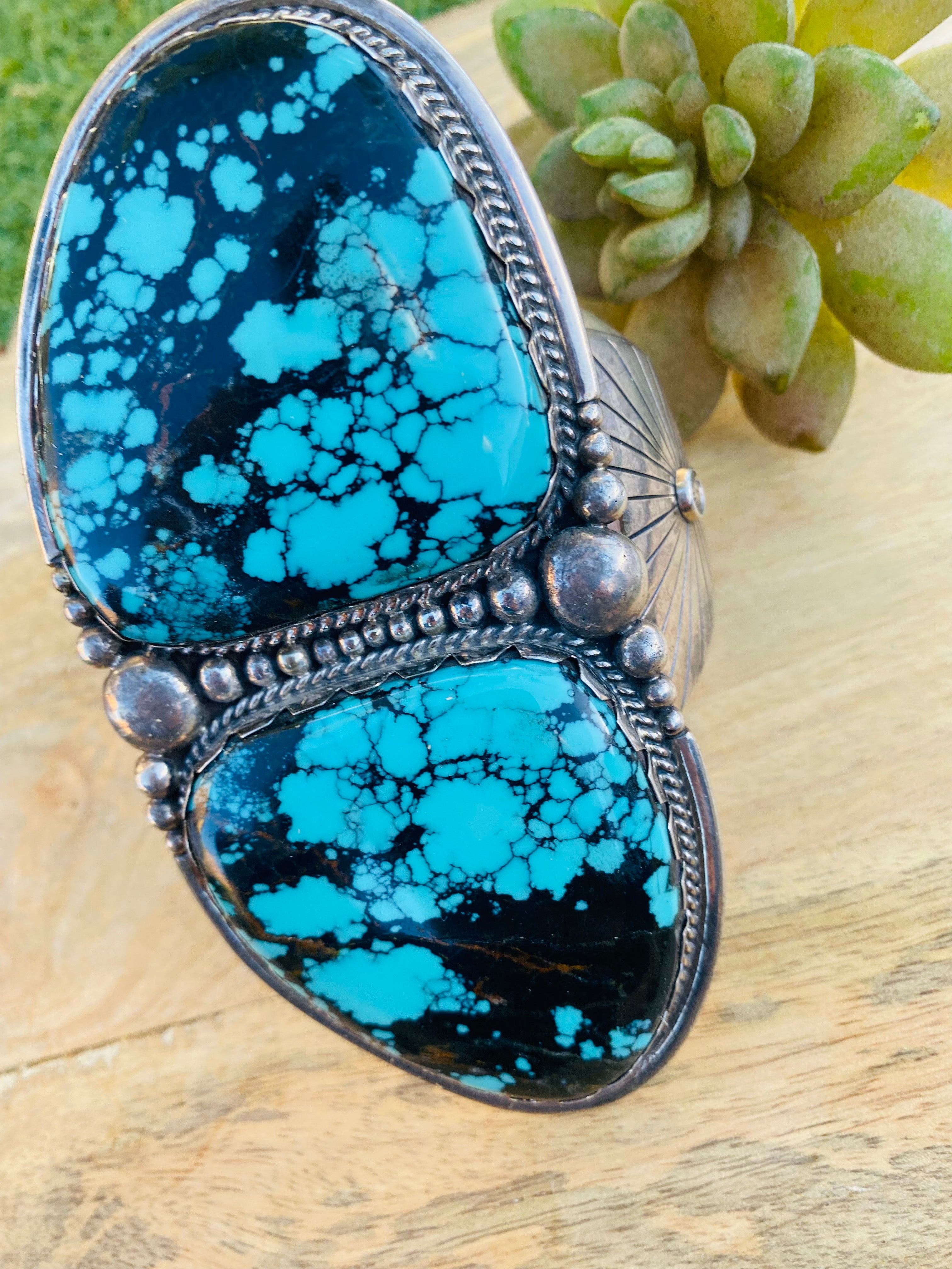 Handcrafted Incredible Vintage Turquoise & Sterling Silver Jumbo Cuff Bracelet /