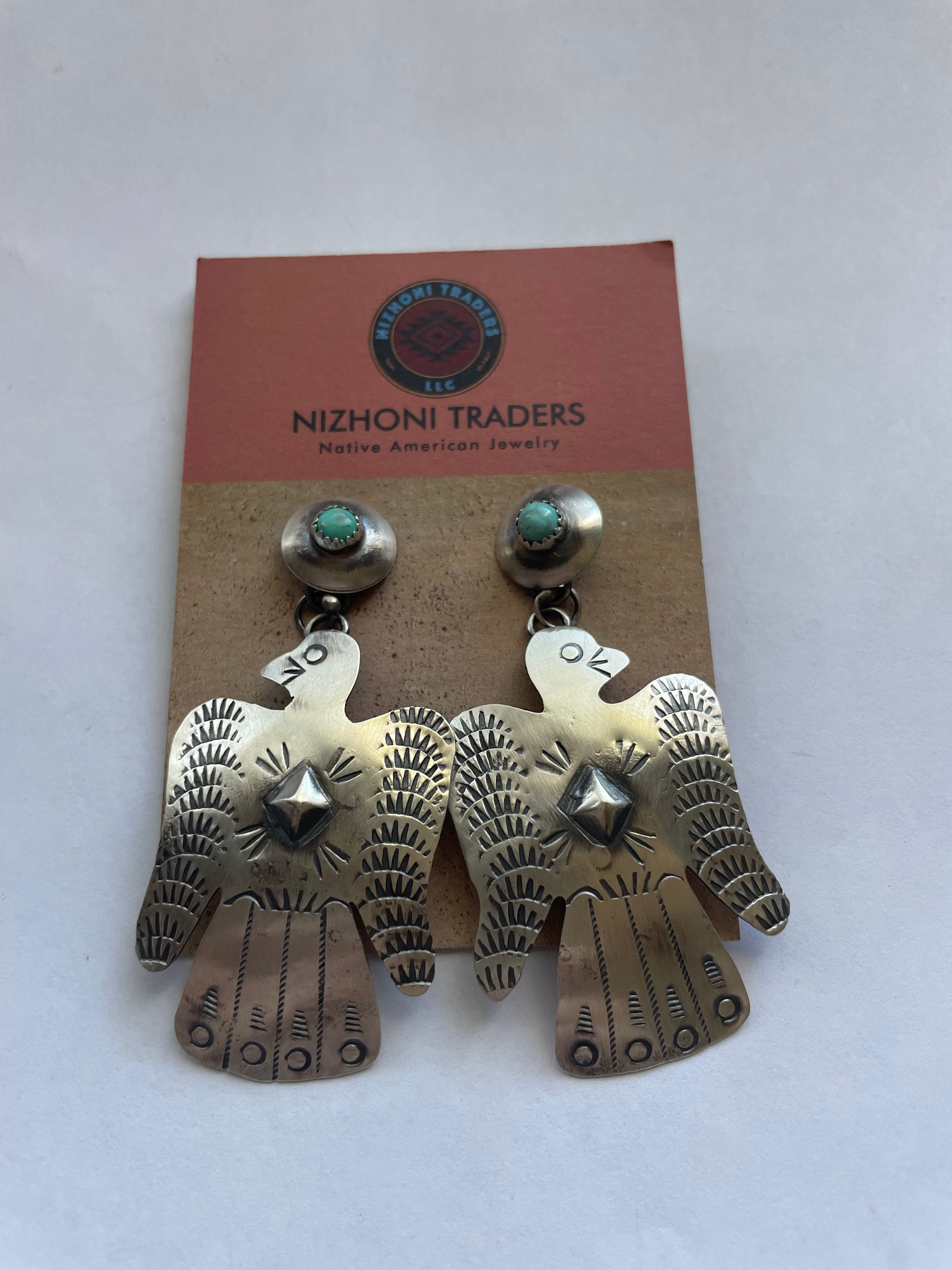 Handcrafted Turquoise & Sterling Silver Thunderbird Dangle Earrings By Tim Yazzie
