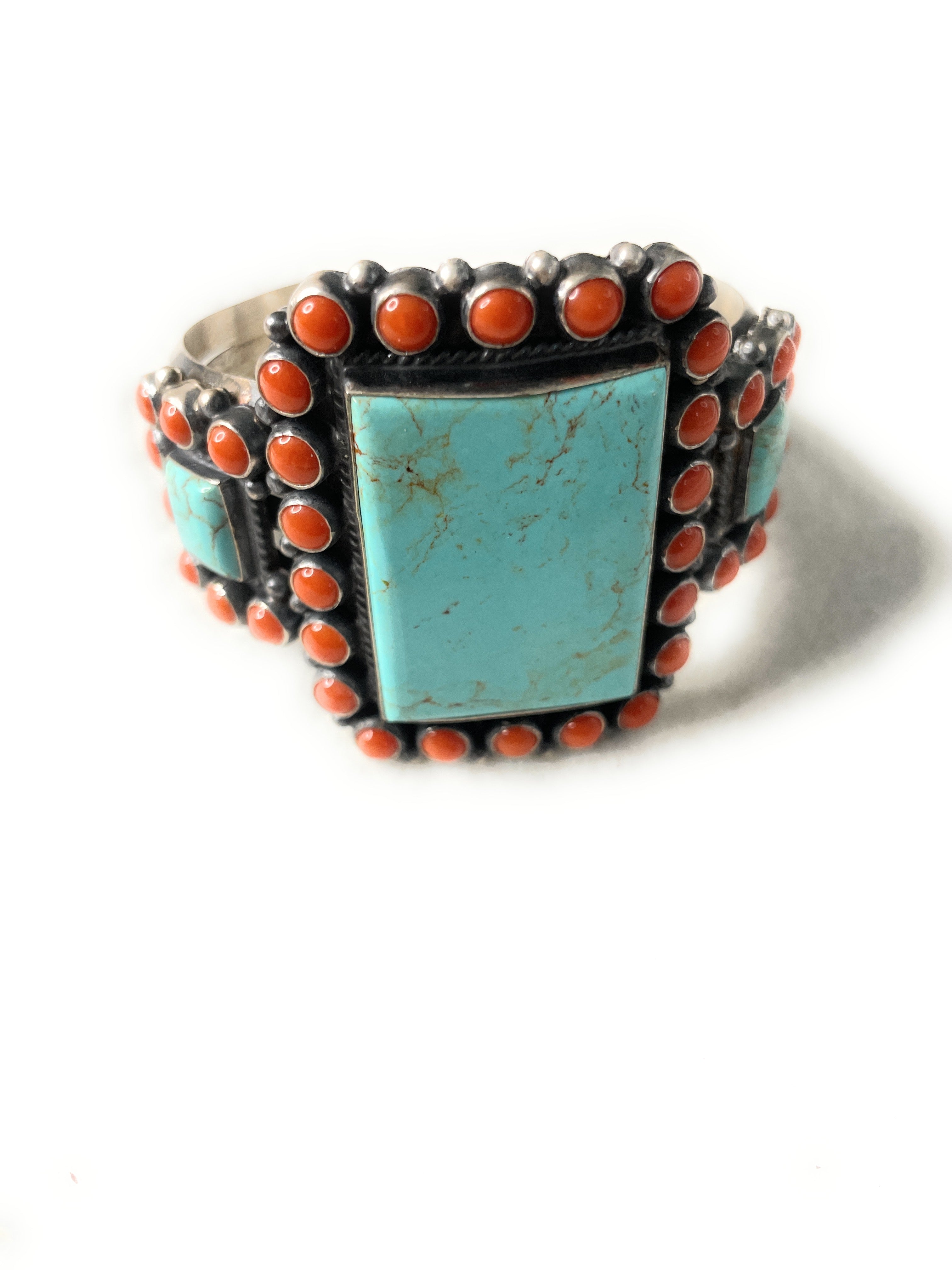 Anthony Skeets Handcrafted Turquoise, Coral & Sterling Silver Cuff Bracelet Signed /
