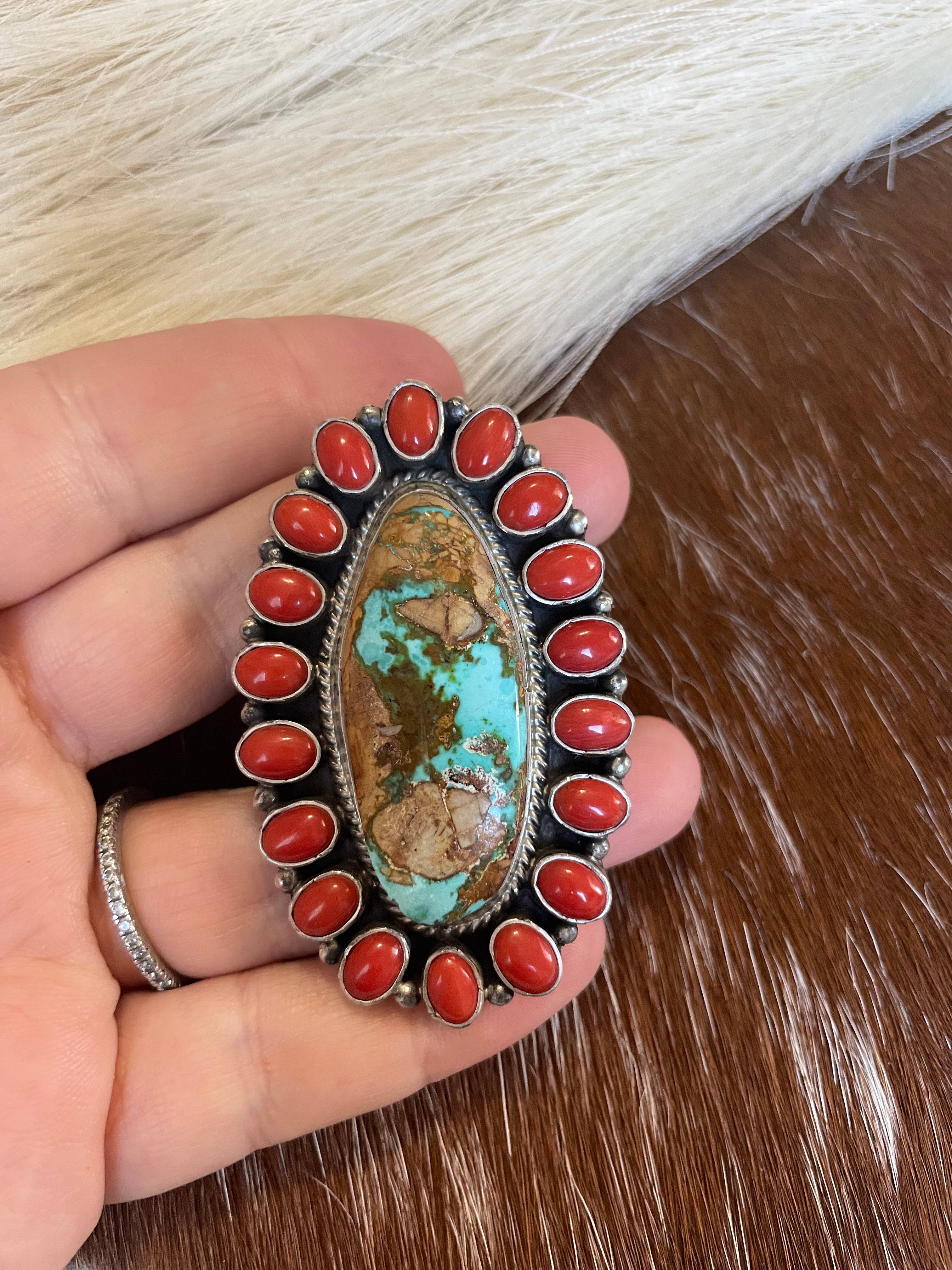 Navajo Number 8 Turquoise, Coral & Sterling Silver Ring Size 8 Signed G James