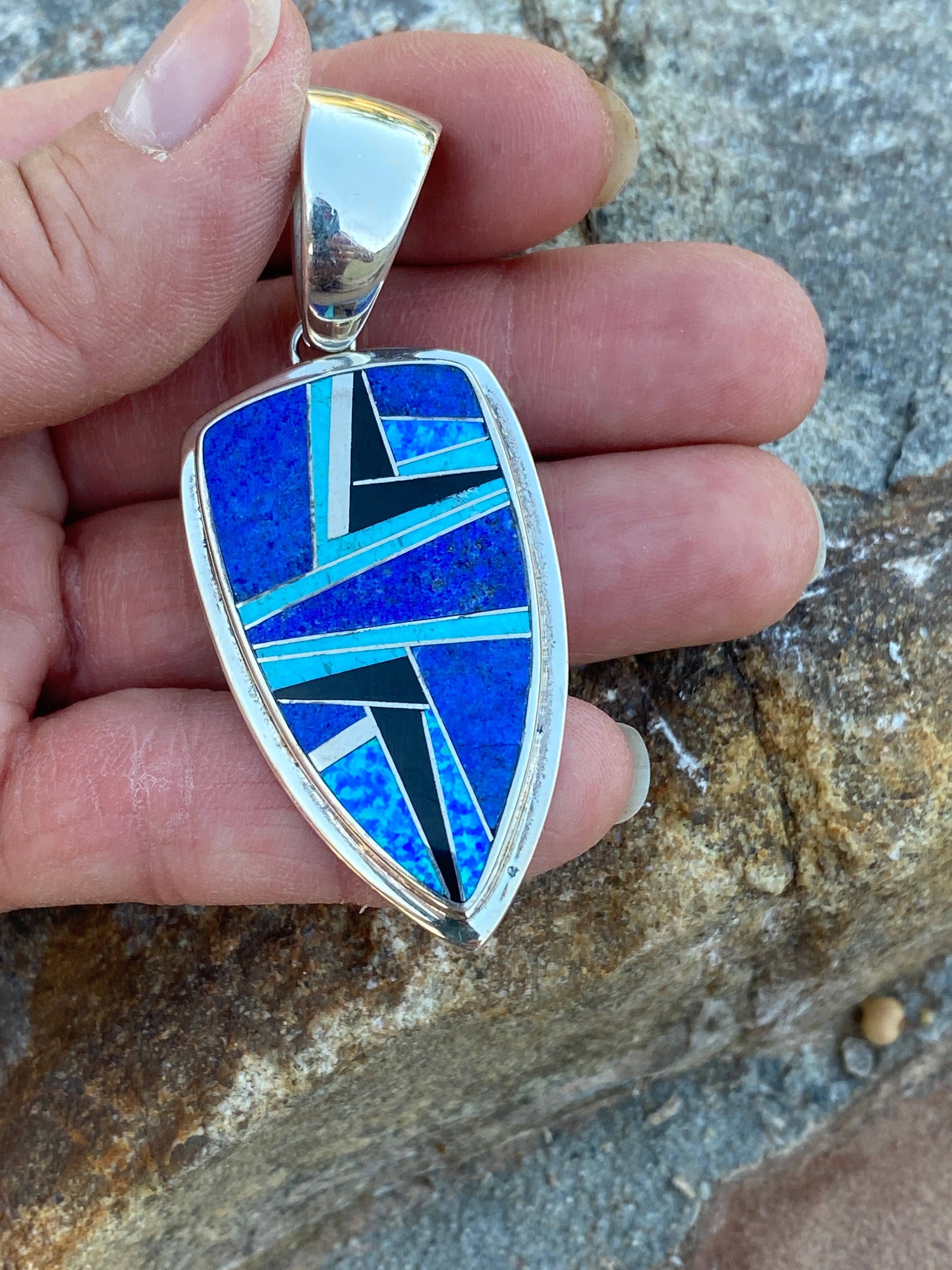 Handcrafted Lapis, Turquoise, Blue Opal Shield Pendant 2.5”