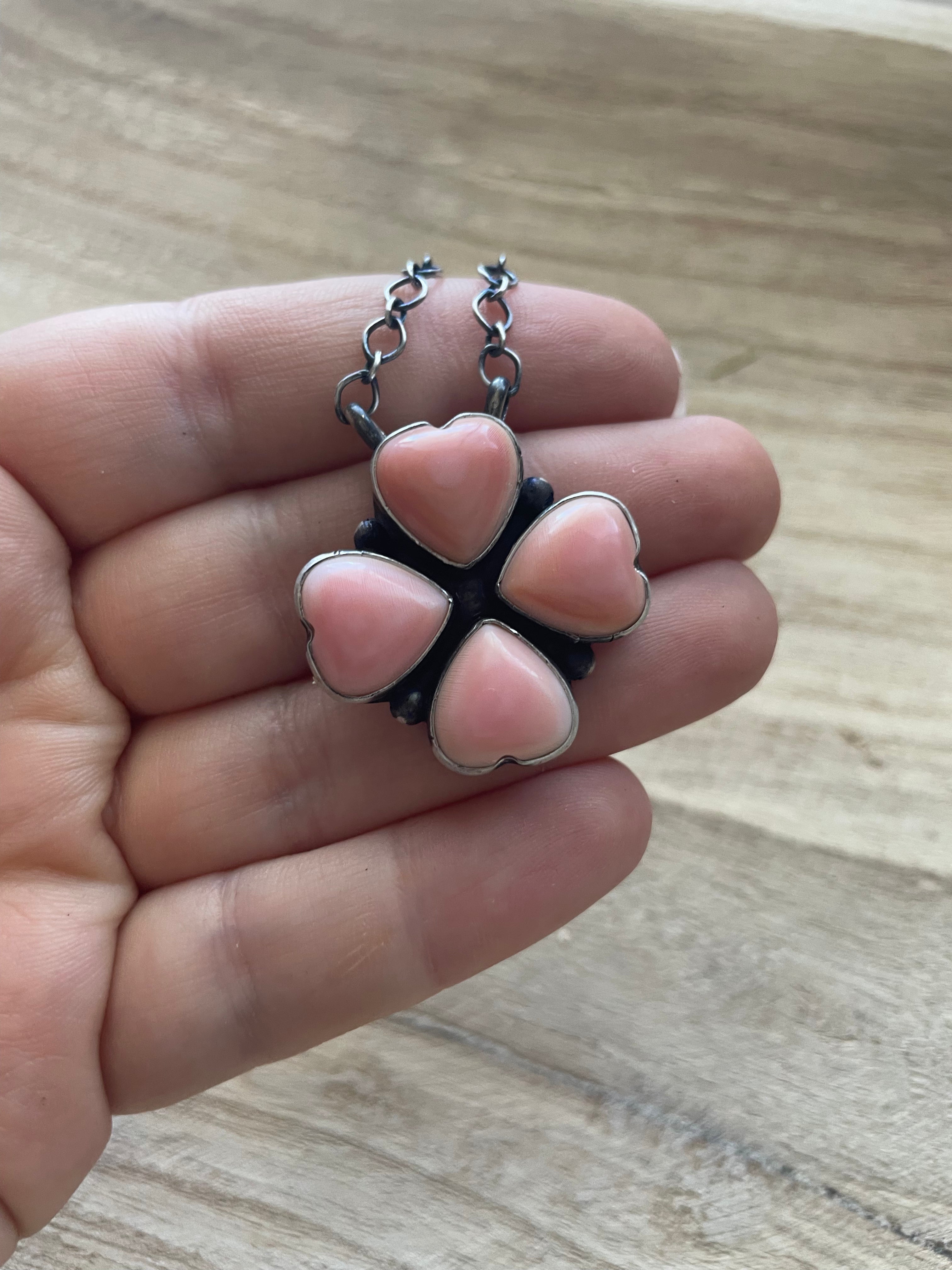 Handcrafted Queen Pink Conch Shell And Sterling Silver Heart Necklace Signed