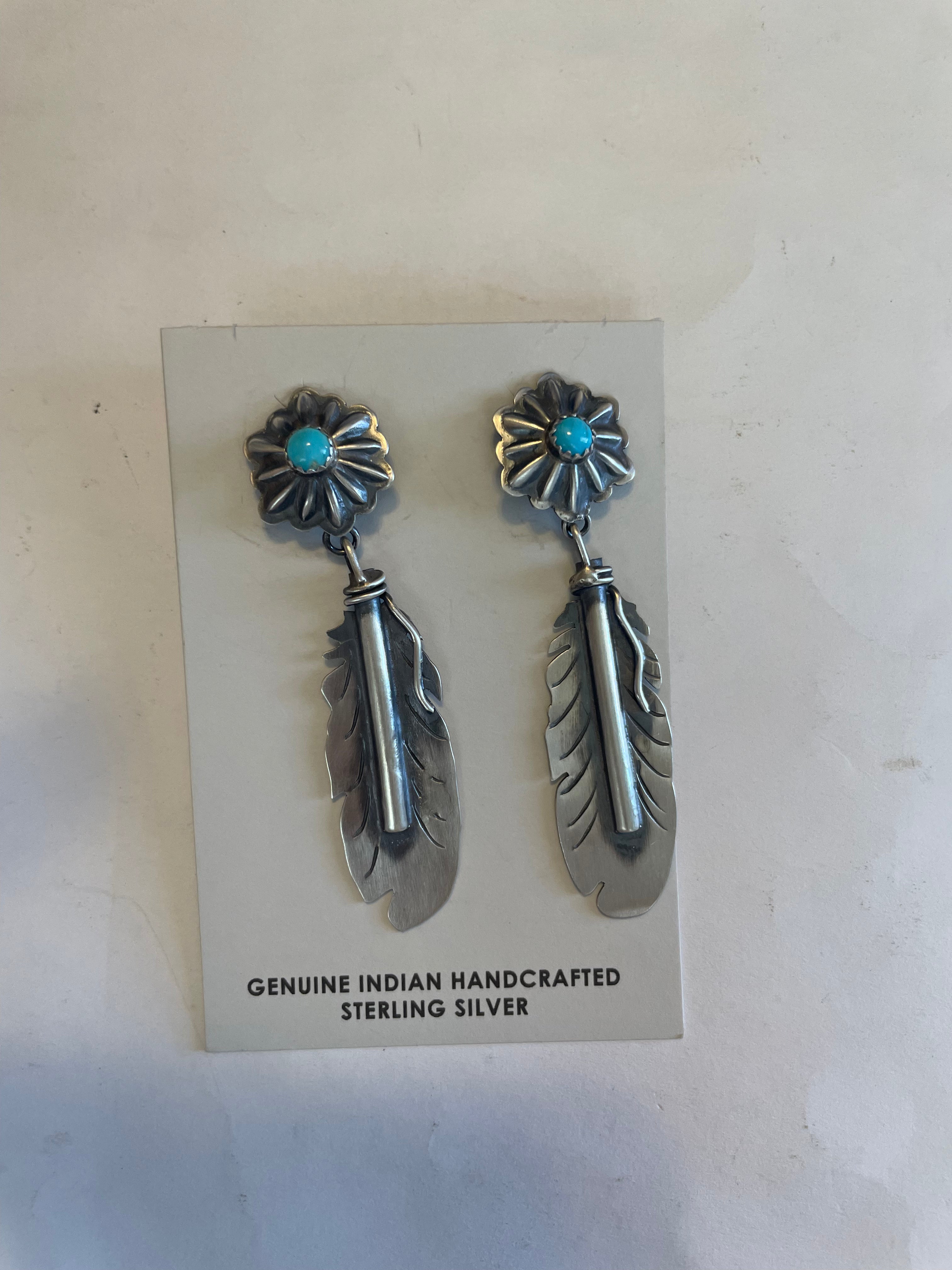 Handcrafted Sterling Silver Turquoise Feather Dangle Earrings