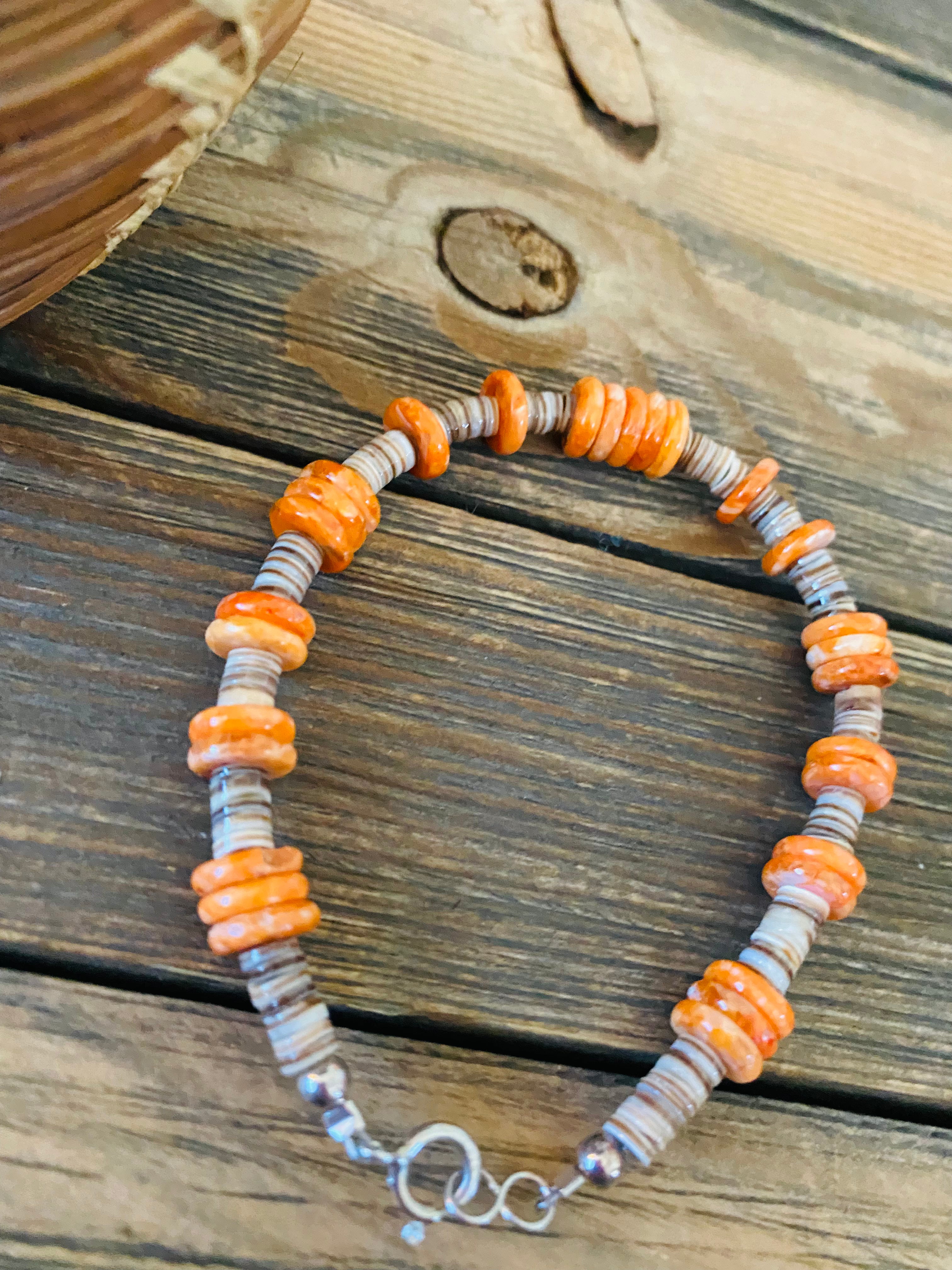 Handcrafted Orange Spiny, Heishi & Sterling Silver Beaded Bracelet