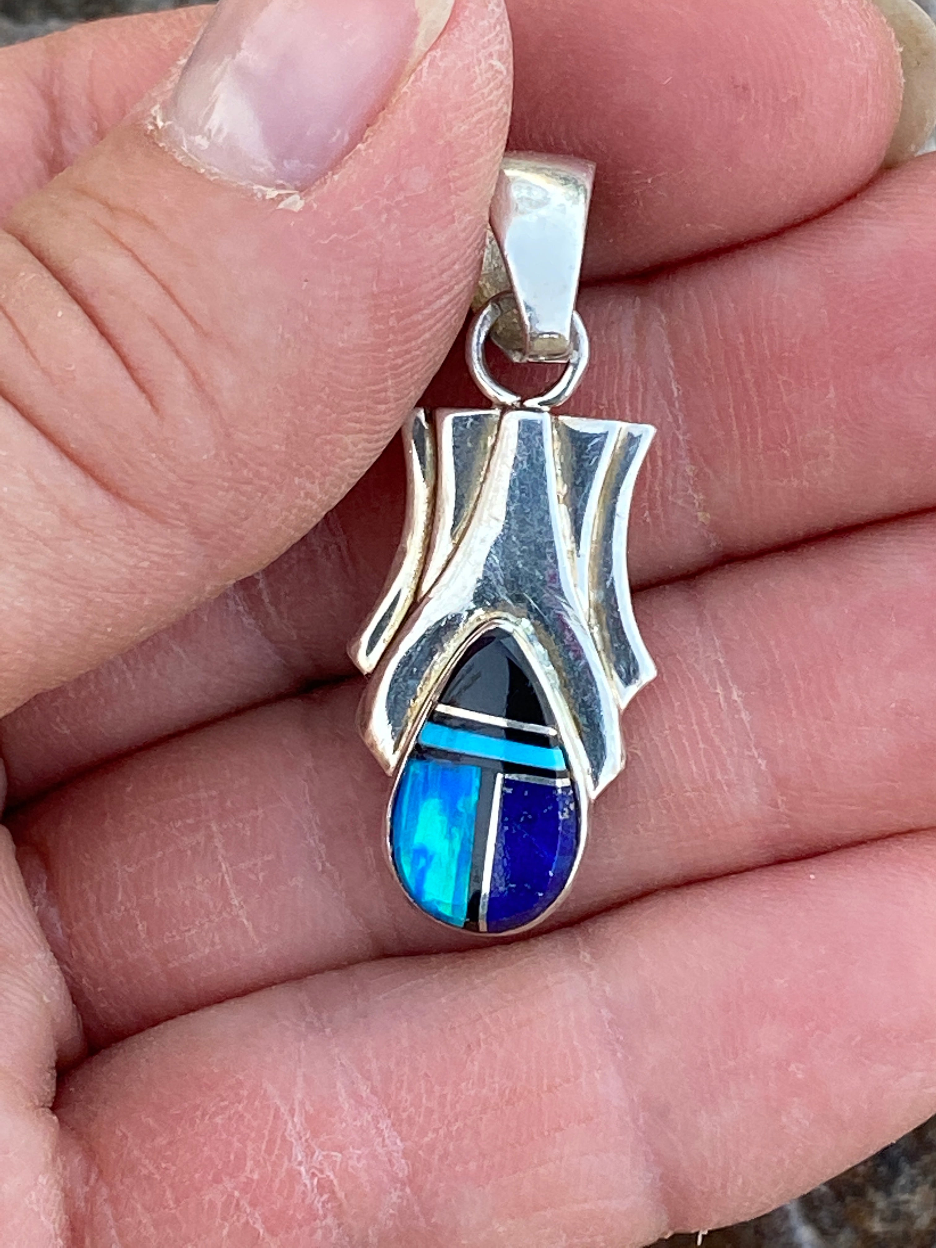 Handcrafted Lapis, Turquoise, Blue Opal Pendant