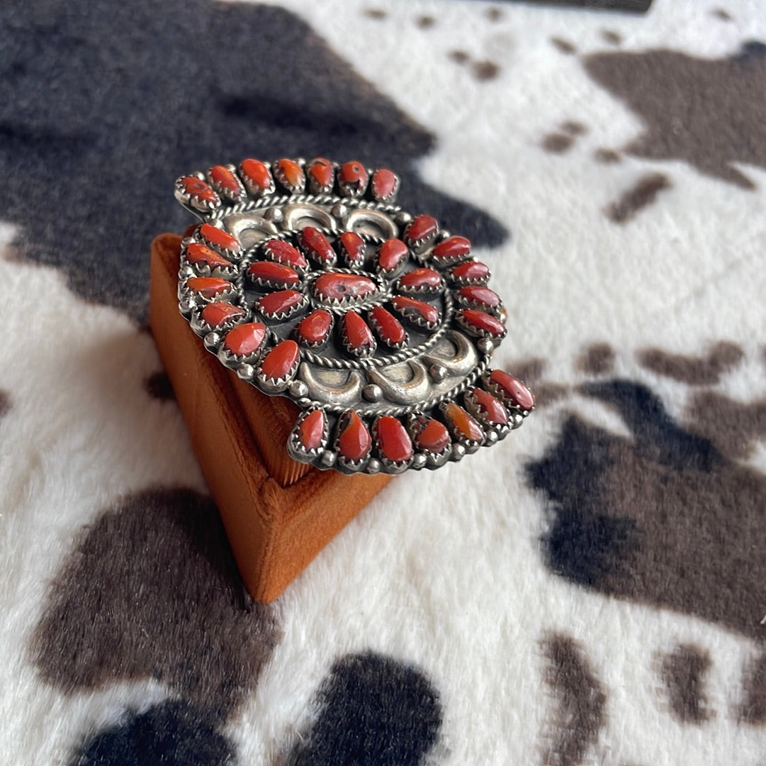 Navajo Coral & Sterling Silver Ring Size 8 Signed