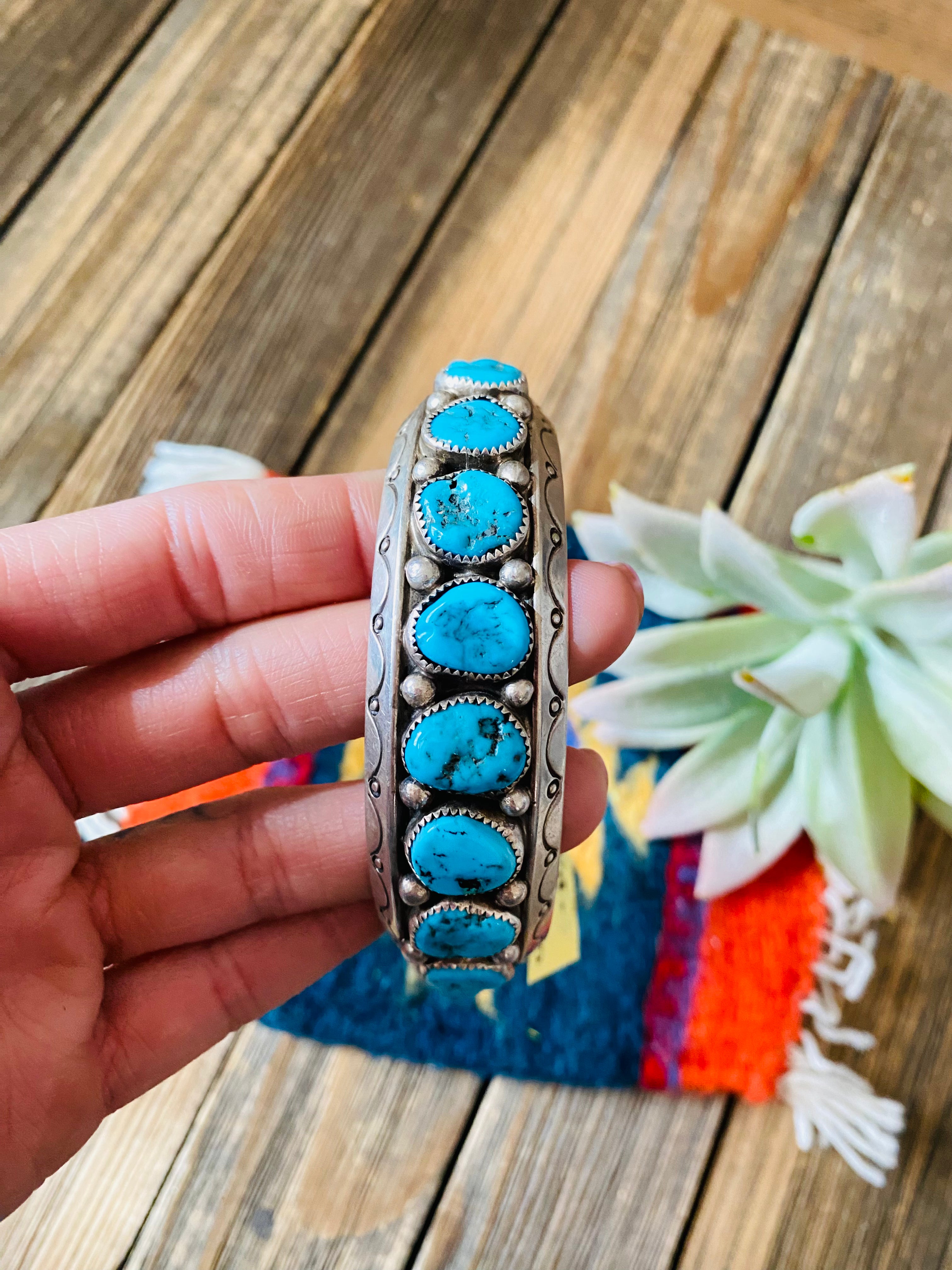 Navajo Old Pawn Vintage Kingman Turquoise & Sterling Silver Cuff Bracelet /