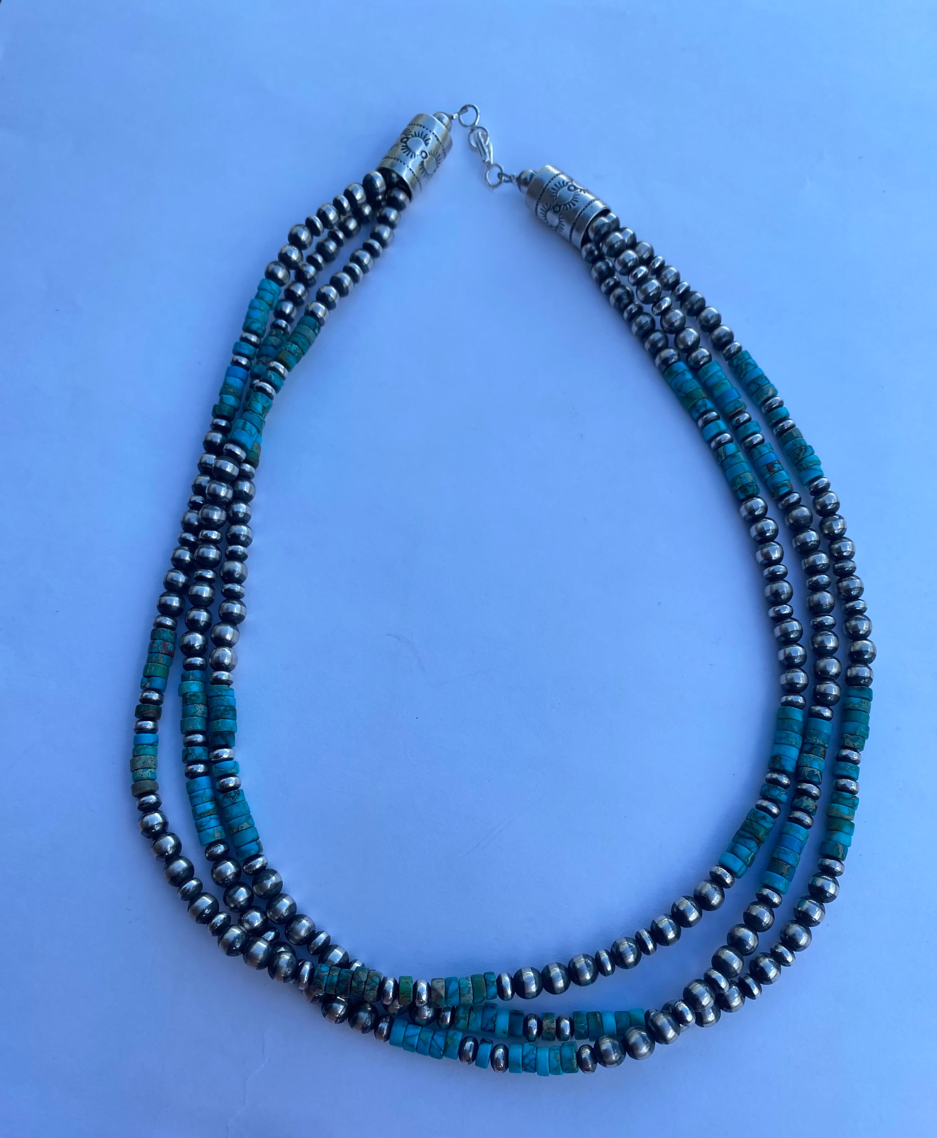 Handcrafted 3 Strand Kingman Turquoise & Sterling Beaded 18 inches