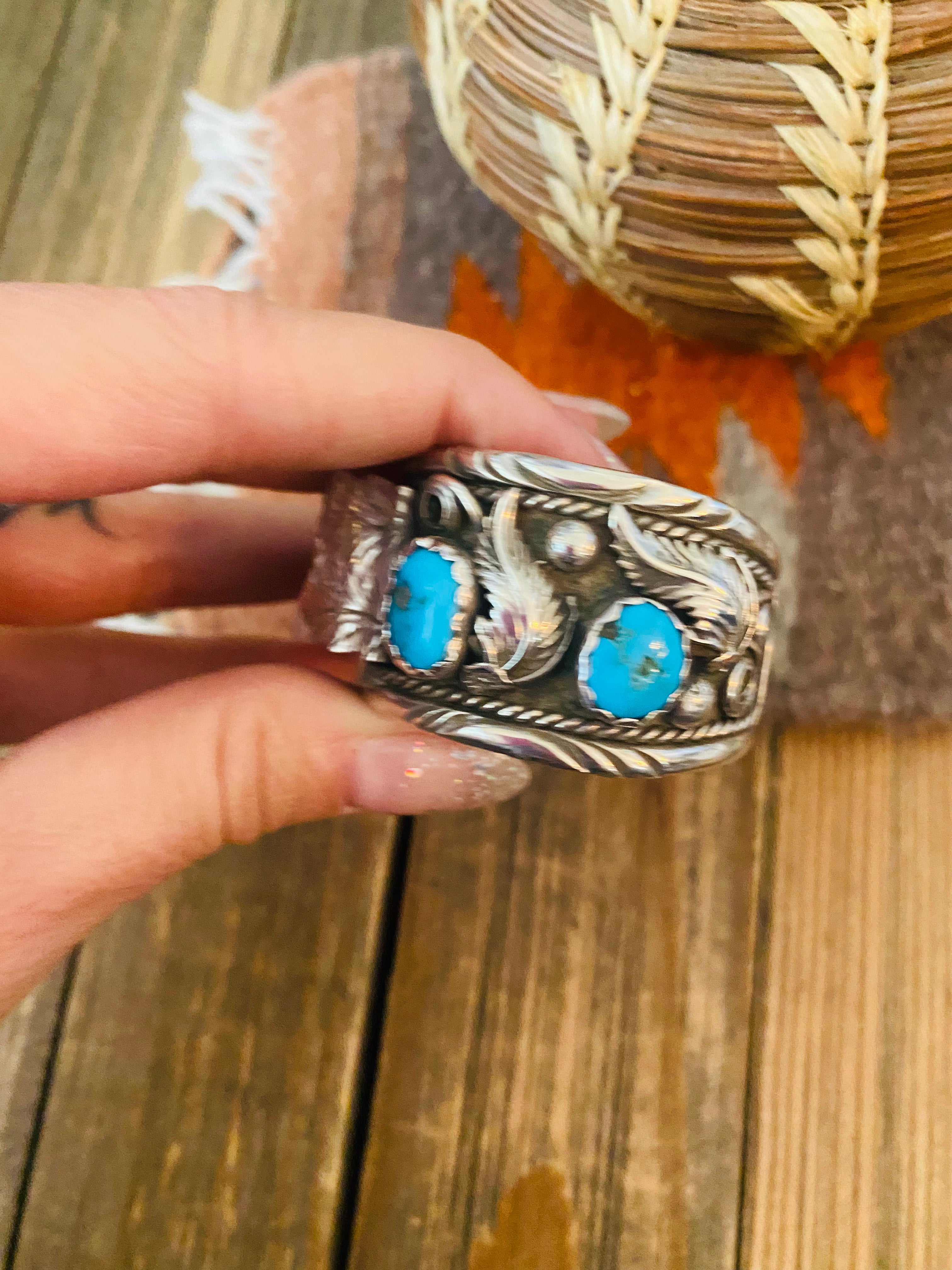 Old Pawn Vintage Navajo Kingman Turquoise & Sterling Silver Watch Cuff