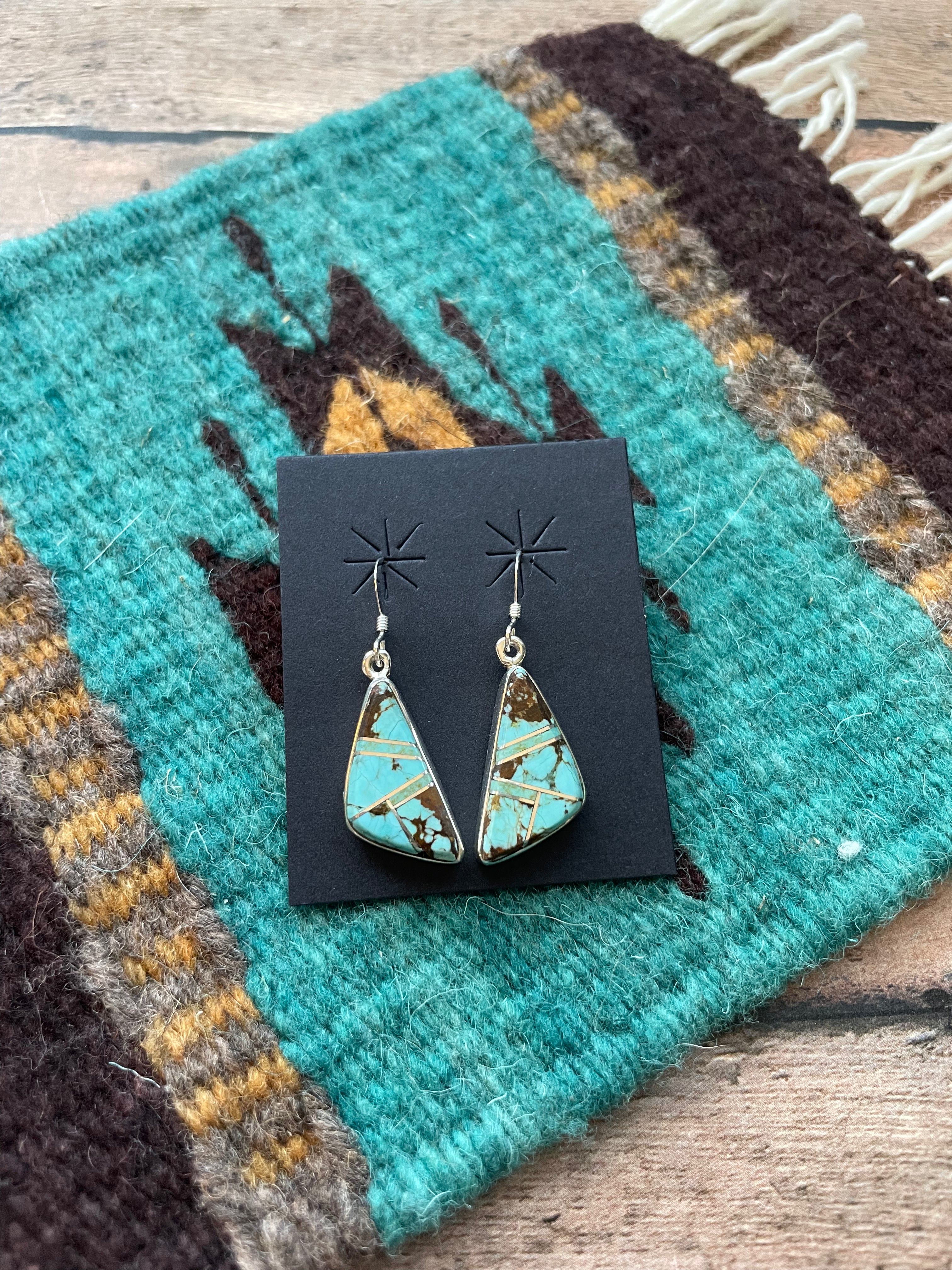 Handcrafted Number 8 Turquoise Inlay & Sterling Silver Dangle Earrings Signed