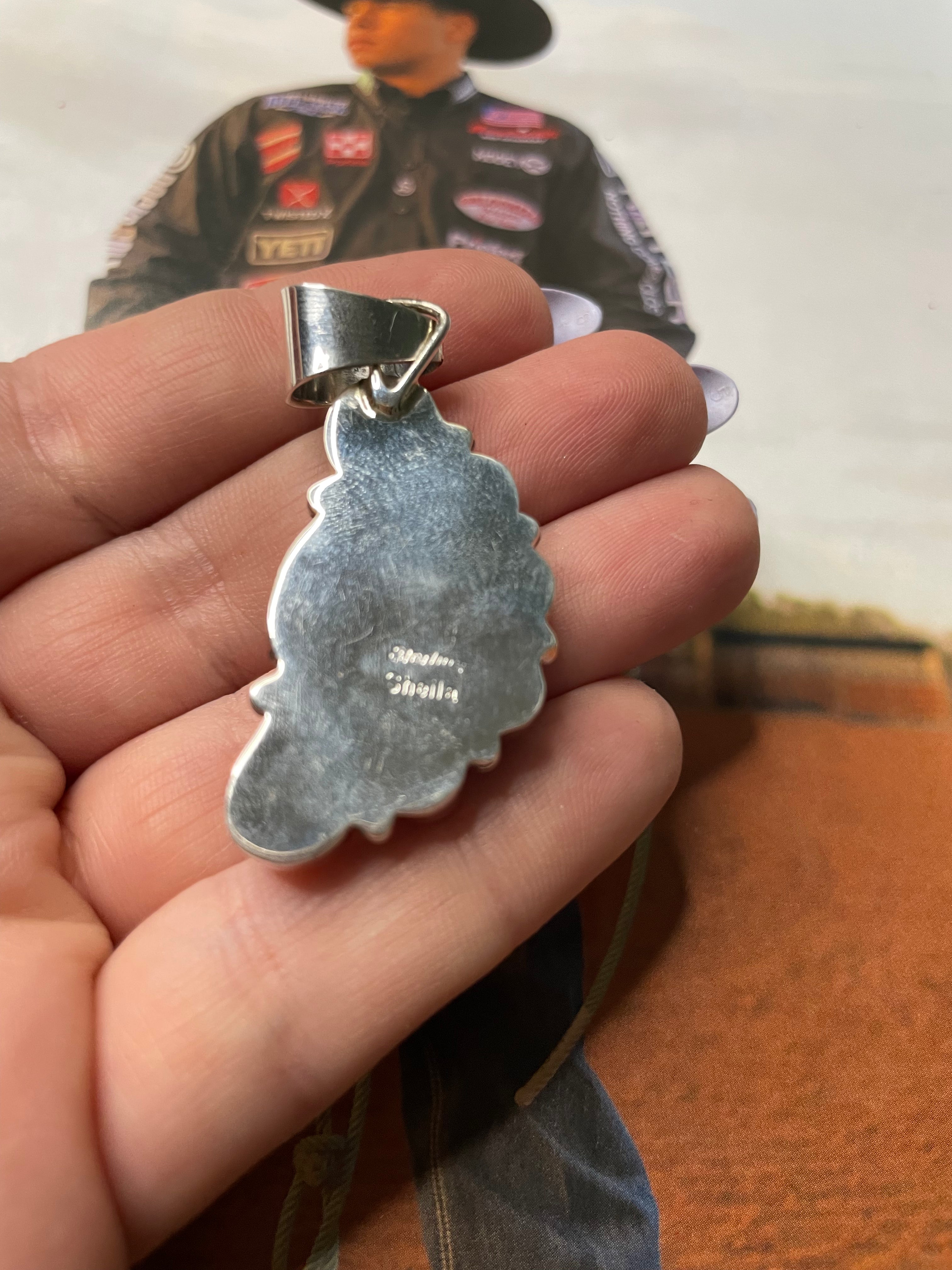 Handcrafted Queen Pink Conch Shell And Sterling Silver Pendant Signed Sheila