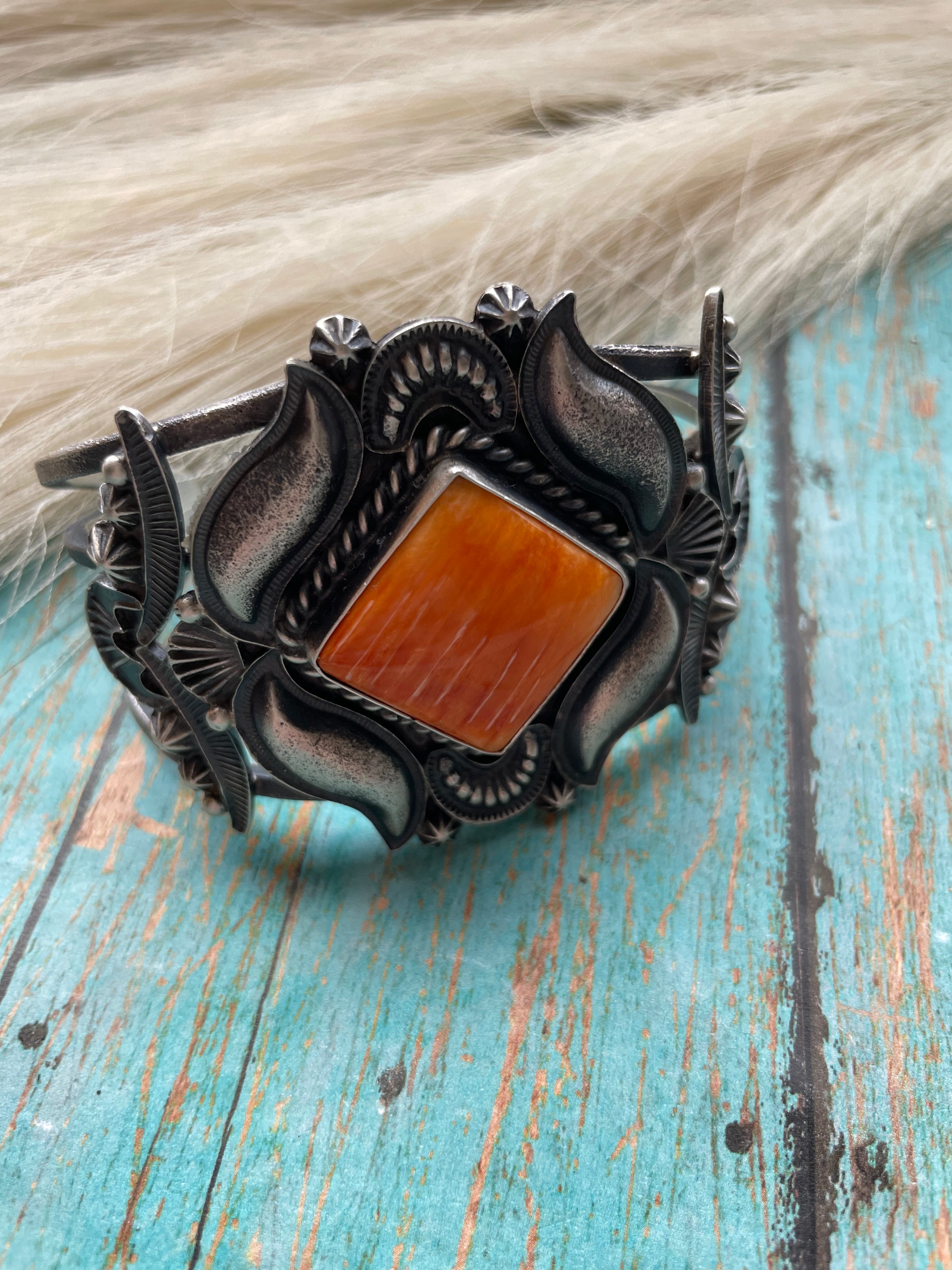 Navajo Orange Spiny Sterling Silver Cuff Bracelet Signed Kevin Billah /