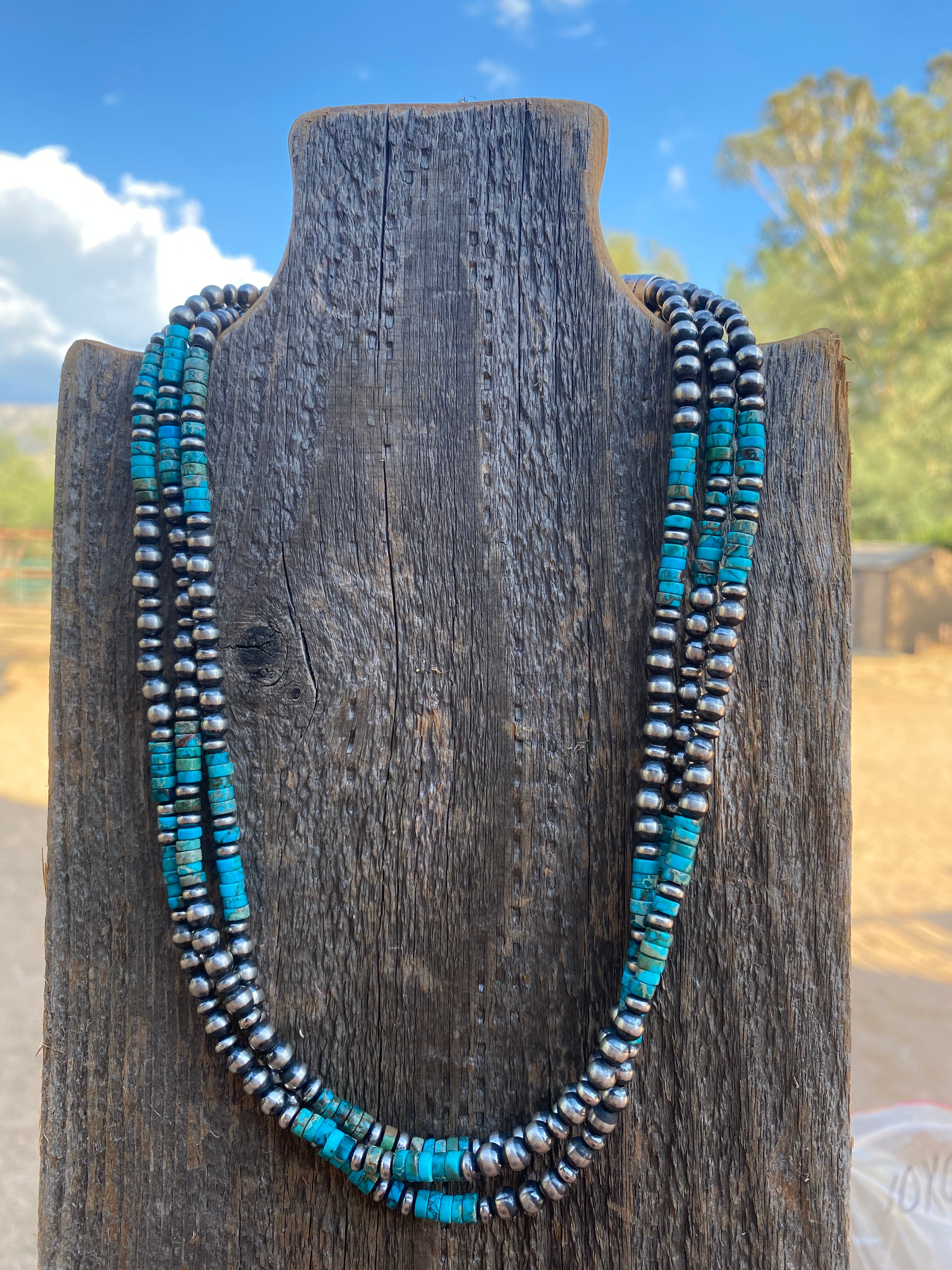 Handcrafted 3 Strand Kingman Turquoise & Sterling Beaded 18 inches