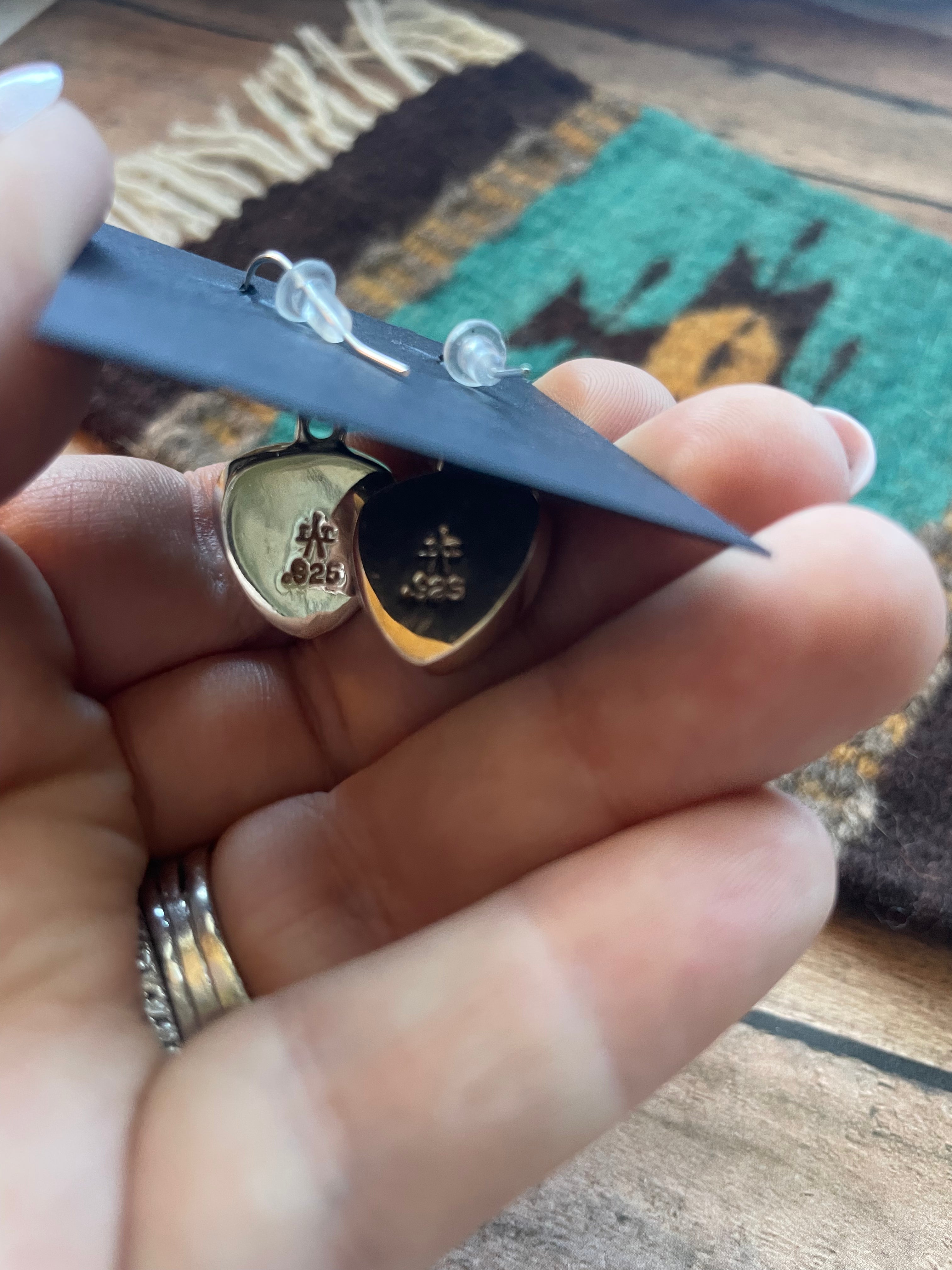 Navajo Number 8 Turquoise & Sterling Silver Inlay Dangle Earrings Signed